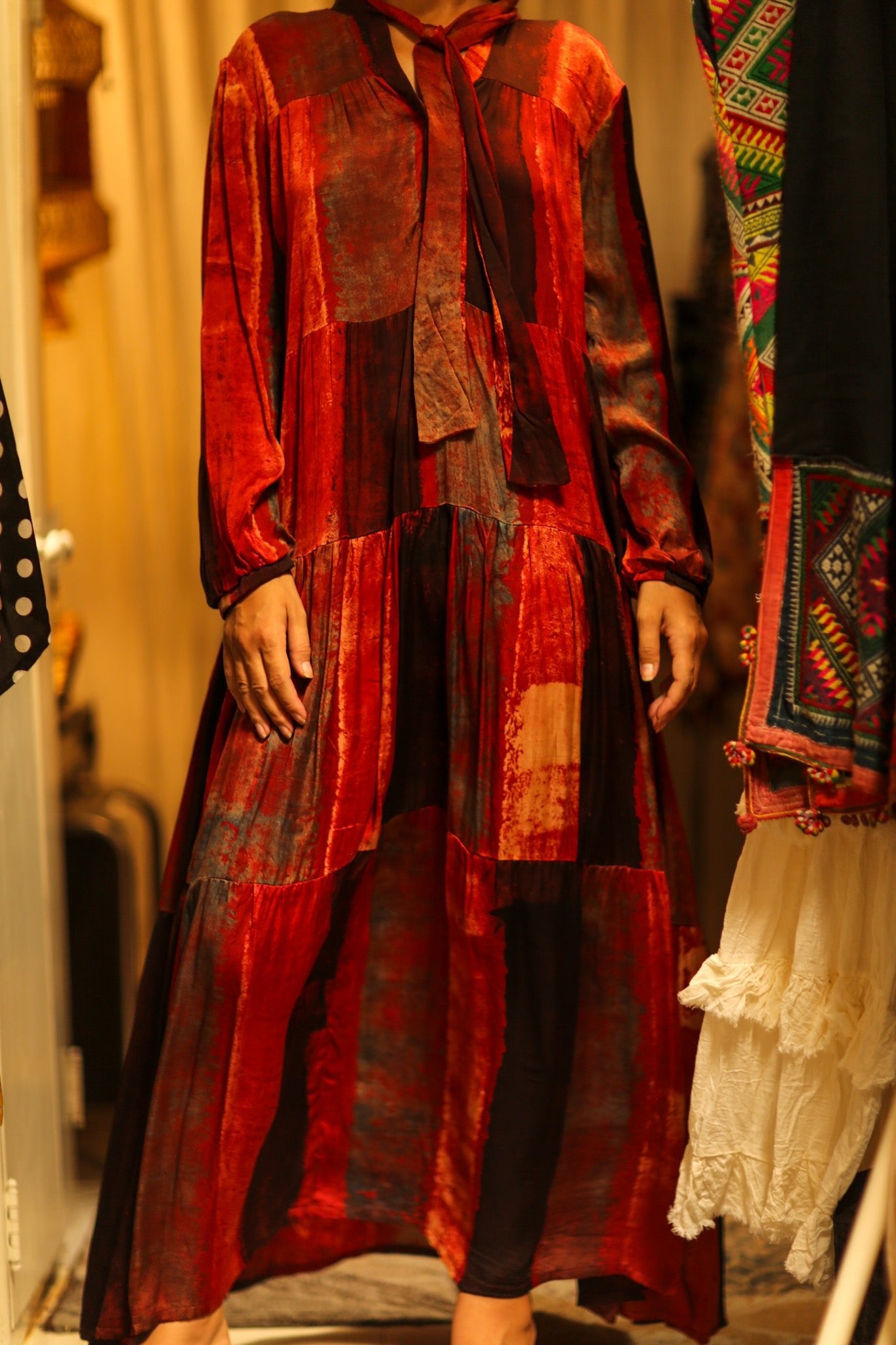 LOA SILK BUTTONED DRESS RED BLOCKS - BANGKOK TAILOR CLOTHING STORE - HANDMADE CLOTHING