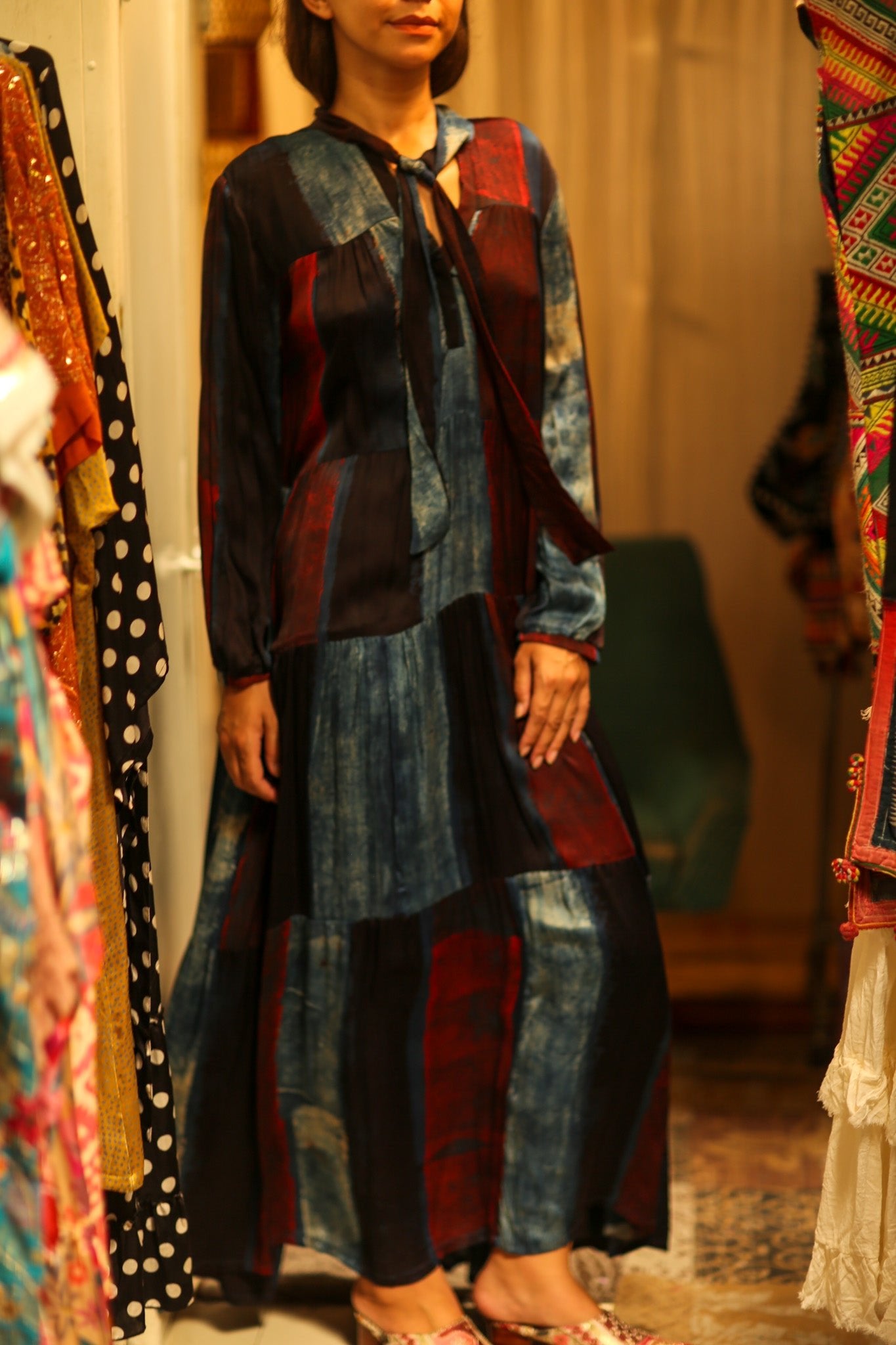 LOA SILK DRESS BLUE BLOCKS - BANGKOK TAILOR CLOTHING STORE - HANDMADE CLOTHING