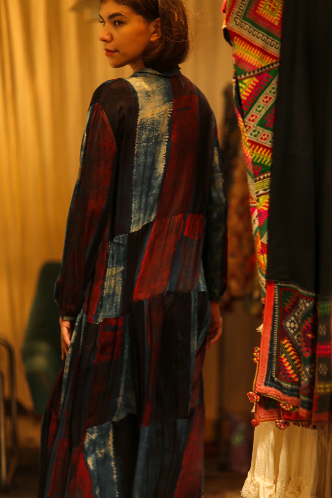 LOA SILK DRESS BLUE BLOCKS - BANGKOK TAILOR CLOTHING STORE - HANDMADE CLOTHING