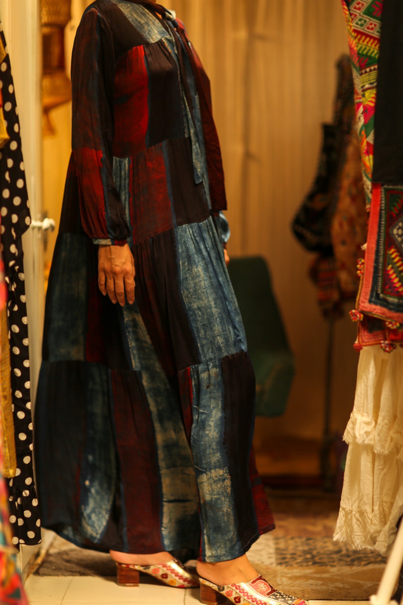 LOA SILK DRESS BLUE BLOCKS - BANGKOK TAILOR CLOTHING STORE - HANDMADE CLOTHING