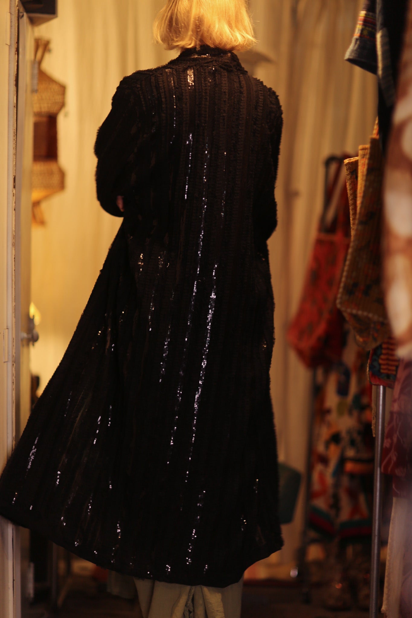 MARIANNE LONG SEQUINED KIMONO PITCH BLACK - BANGKOK TAILOR CLOTHING STORE - HANDMADE CLOTHING