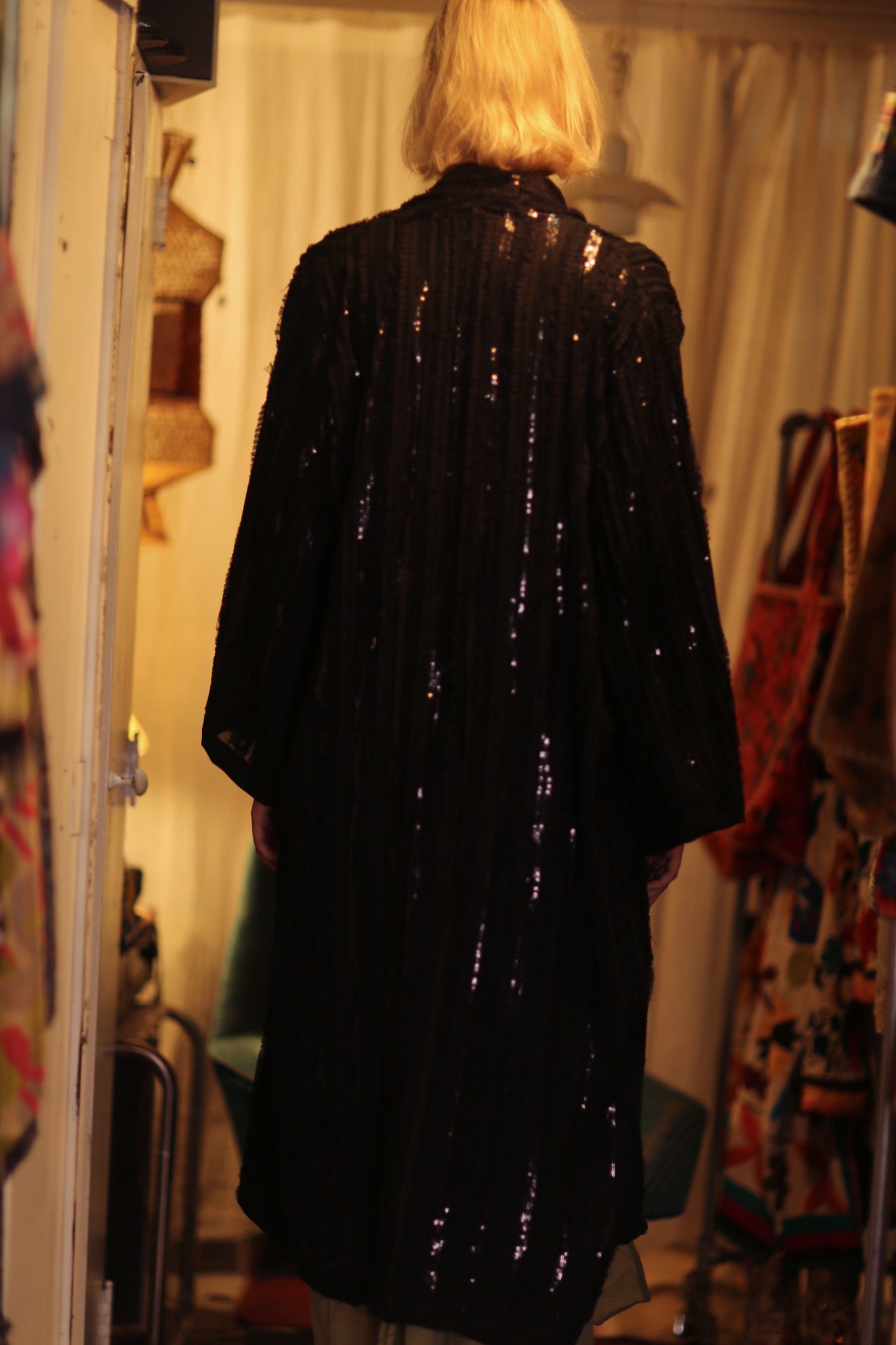 MARIANNE LONG SEQUINED KIMONO PITCH BLACK - BANGKOK TAILOR CLOTHING STORE - HANDMADE CLOTHING