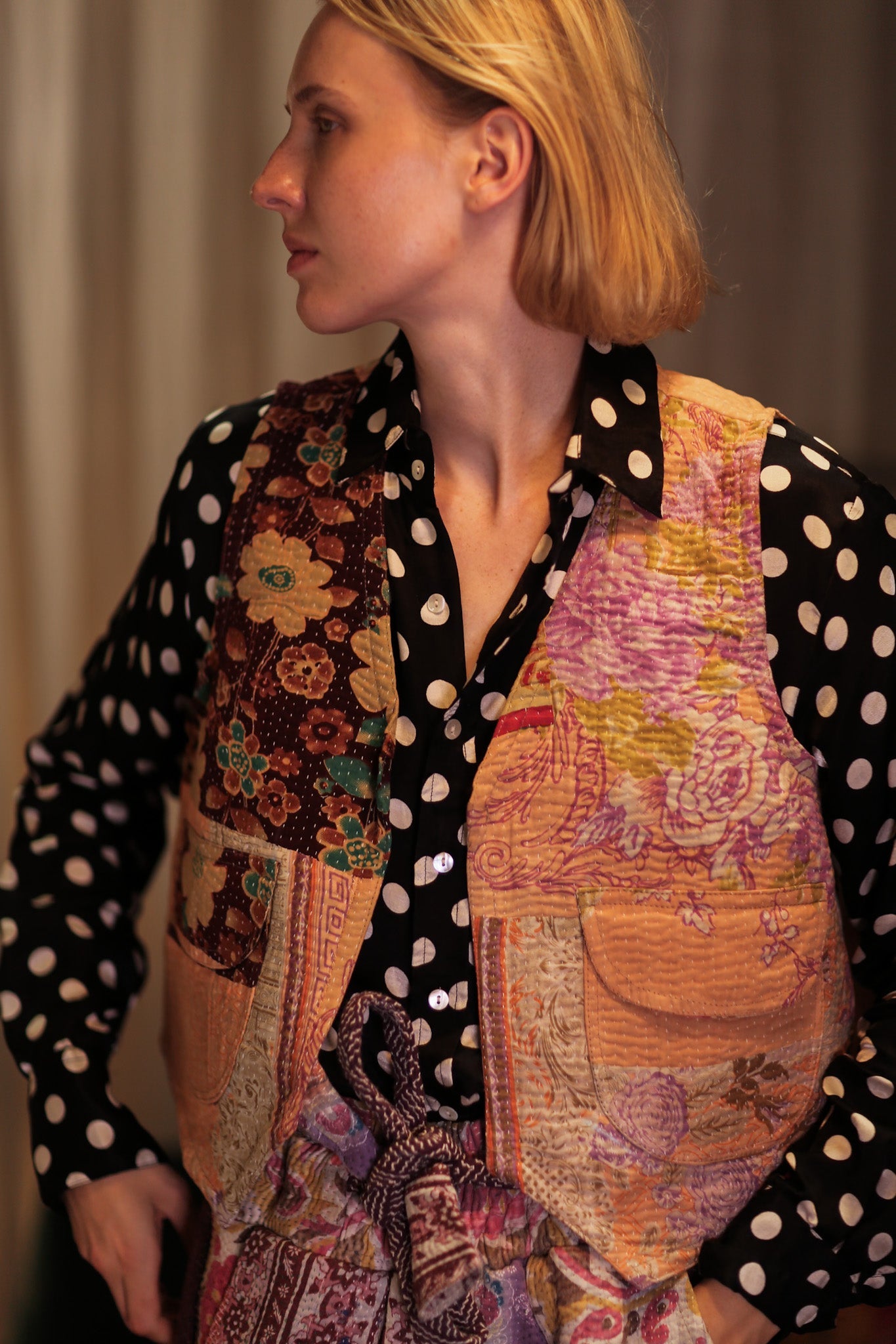 MARLENE PATCHWORK KANTHA GILET PEACH - BANGKOK TAILOR CLOTHING STORE - HANDMADE CLOTHING