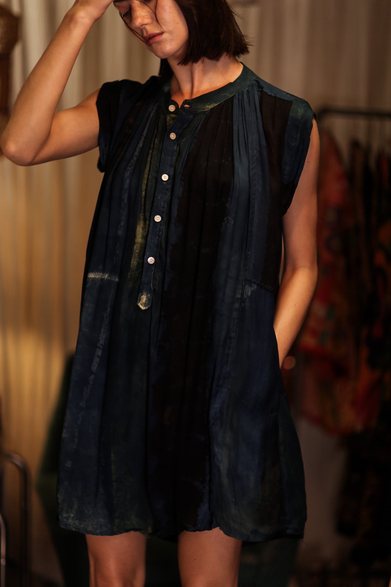 MARY SILK DRESS BLUE STRIPE - BANGKOK TAILOR CLOTHING STORE - HANDMADE CLOTHING
