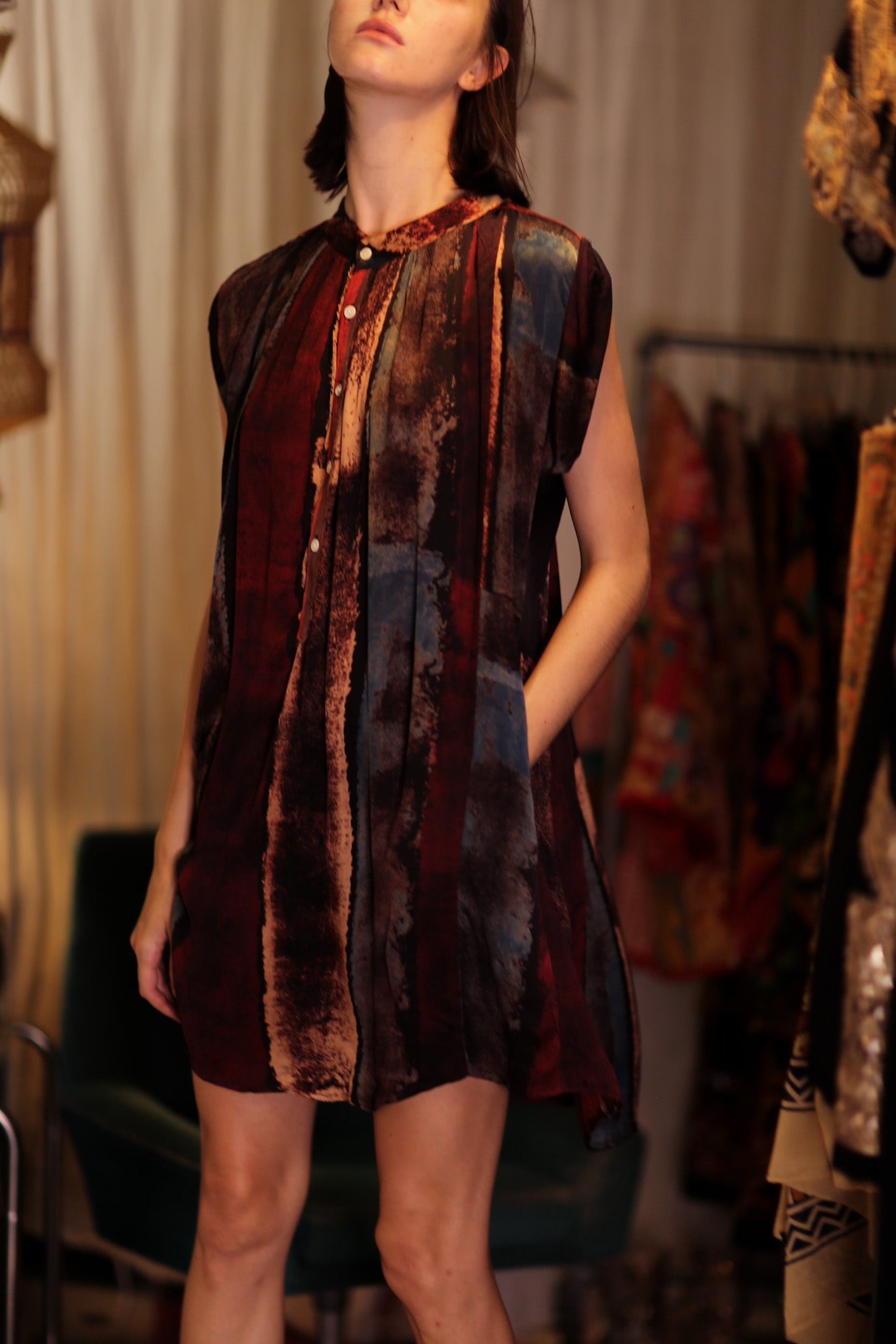 MARY SILK DRESS RED AND BLUE STRIPE - BANGKOK TAILOR CLOTHING STORE - HANDMADE CLOTHING