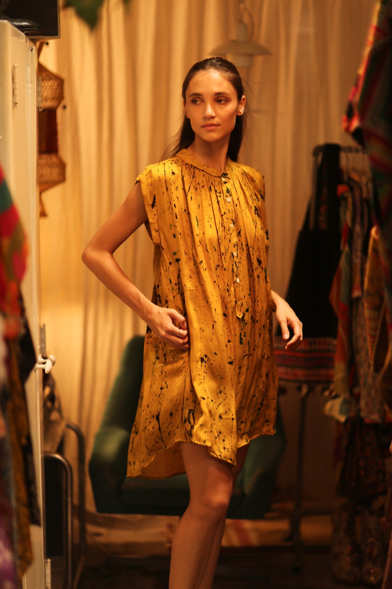 MARY SILK DRESS YELLOW POLLOCK - BANGKOK TAILOR CLOTHING STORE - HANDMADE CLOTHING