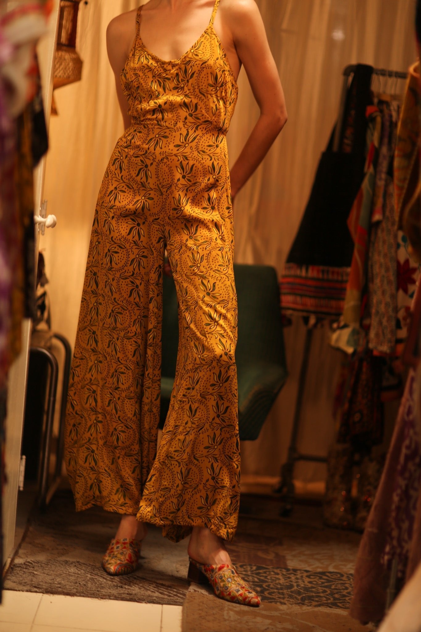 NEIS SILK PLAYSUIT YELLOW OLIVES - BANGKOK TAILOR CLOTHING STORE - HANDMADE CLOTHING