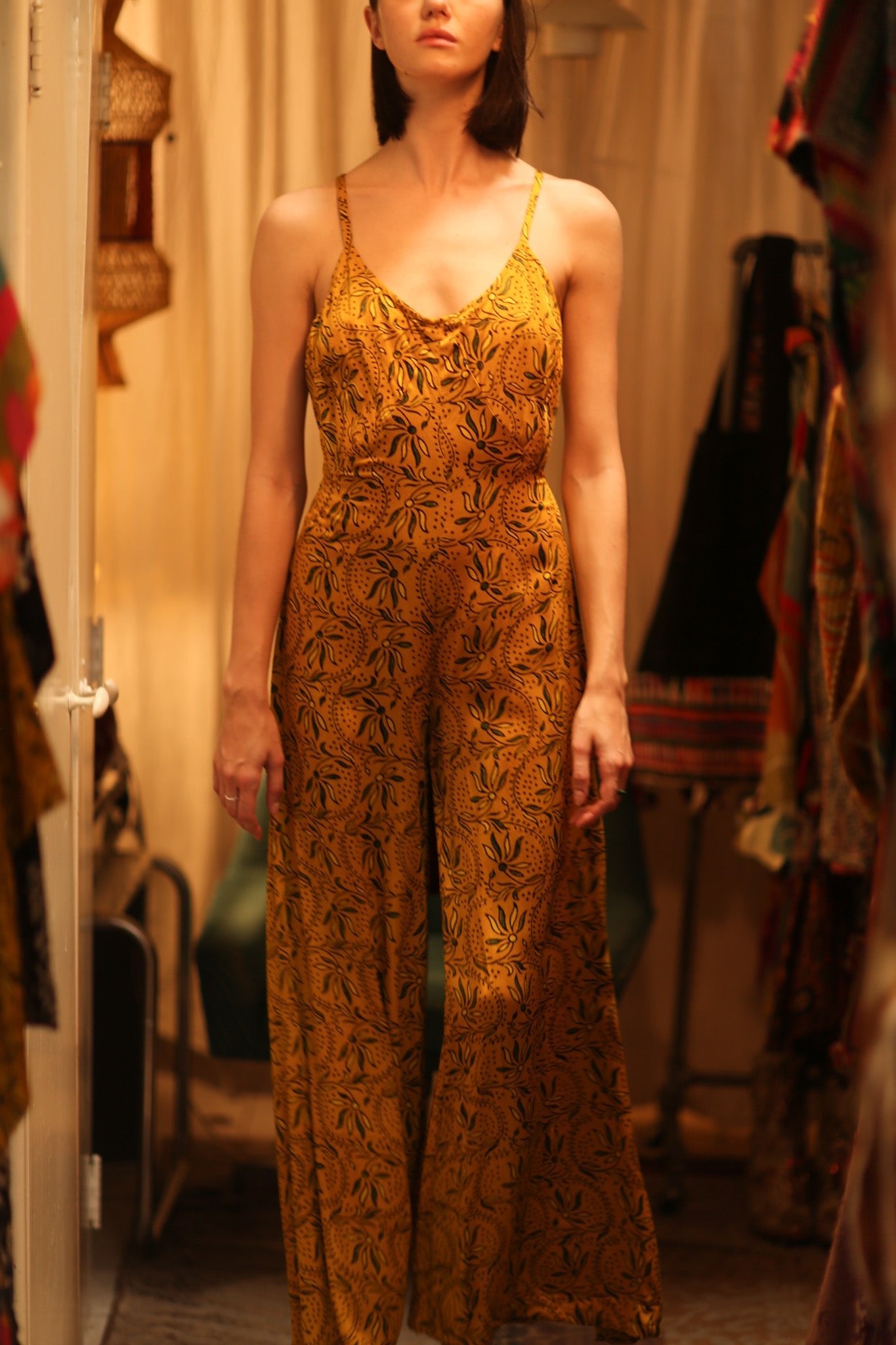 NEIS SILK PLAYSUIT YELLOW OLIVES - BANGKOK TAILOR CLOTHING STORE - HANDMADE CLOTHING