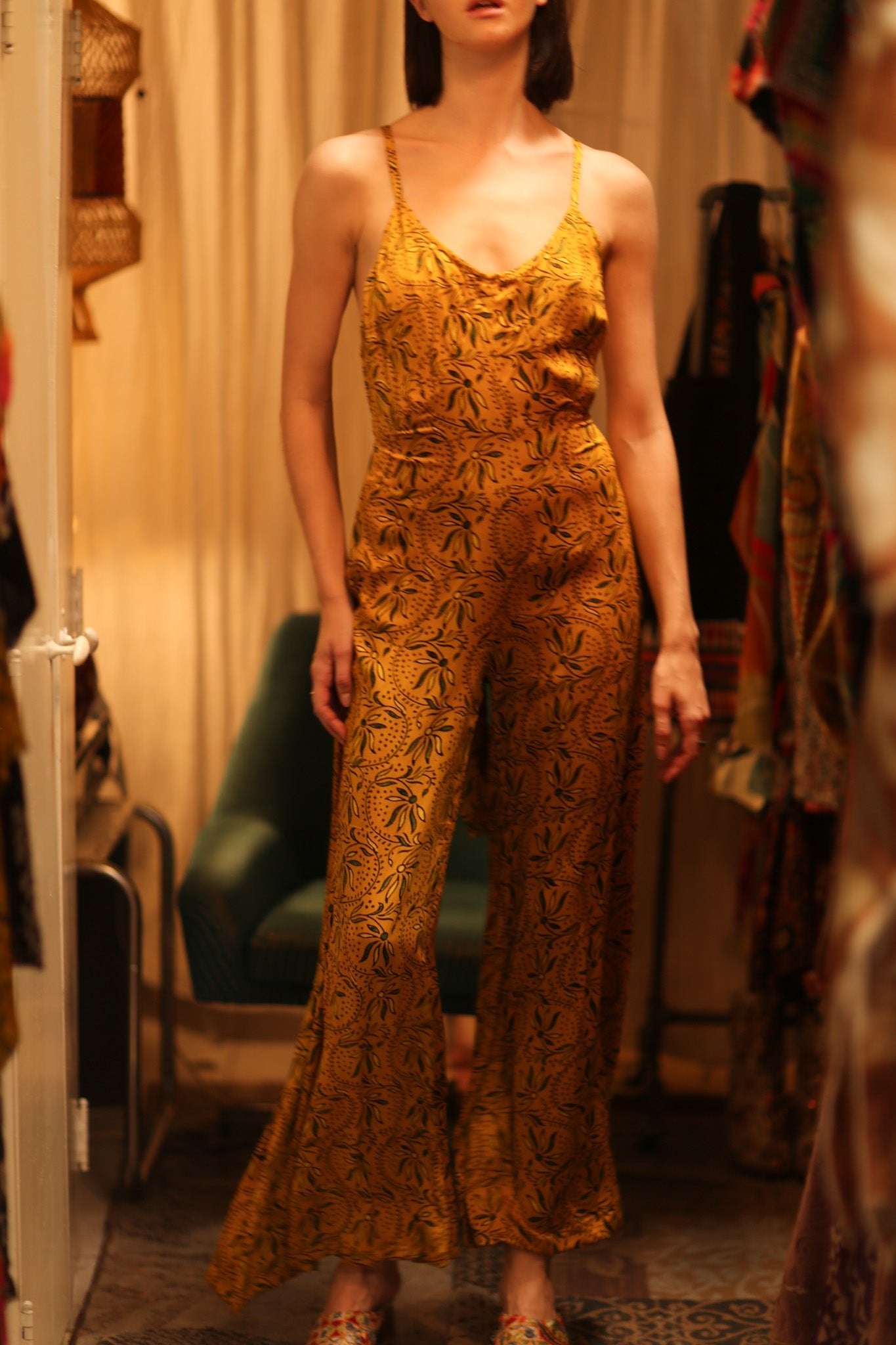 NEIS SILK PLAYSUIT YELLOW OLIVES - BANGKOK TAILOR CLOTHING STORE - HANDMADE CLOTHING