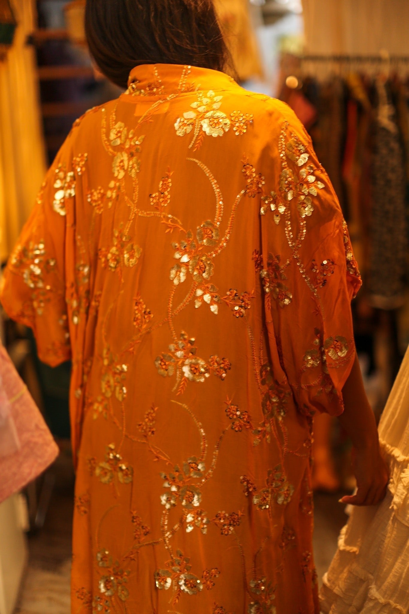 ORANGE SILK SEQUIN EMBROIDERED KIMONO ODO - BANGKOK TAILOR CLOTHING STORE - HANDMADE CLOTHING