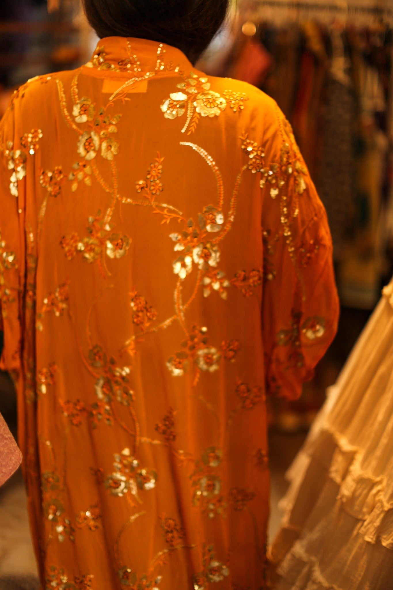 ORANGE SILK SEQUIN EMBROIDERED KIMONO ODO - BANGKOK TAILOR CLOTHING STORE - HANDMADE CLOTHING