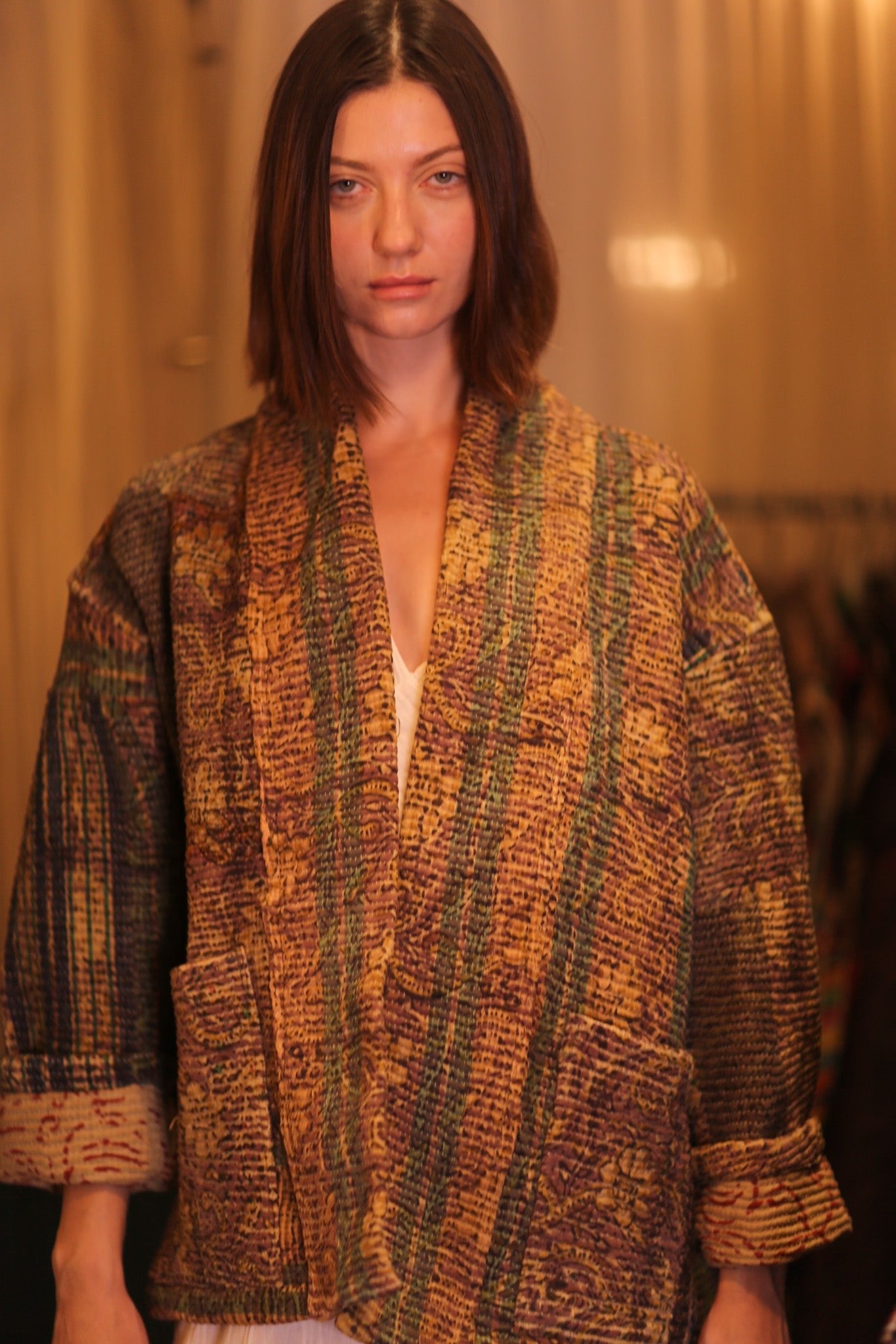 PATCHWORK PATTERN KANTHA SHORT KIMONO YAUNGNI - BANGKOK TAILOR CLOTHING STORE - HANDMADE CLOTHING