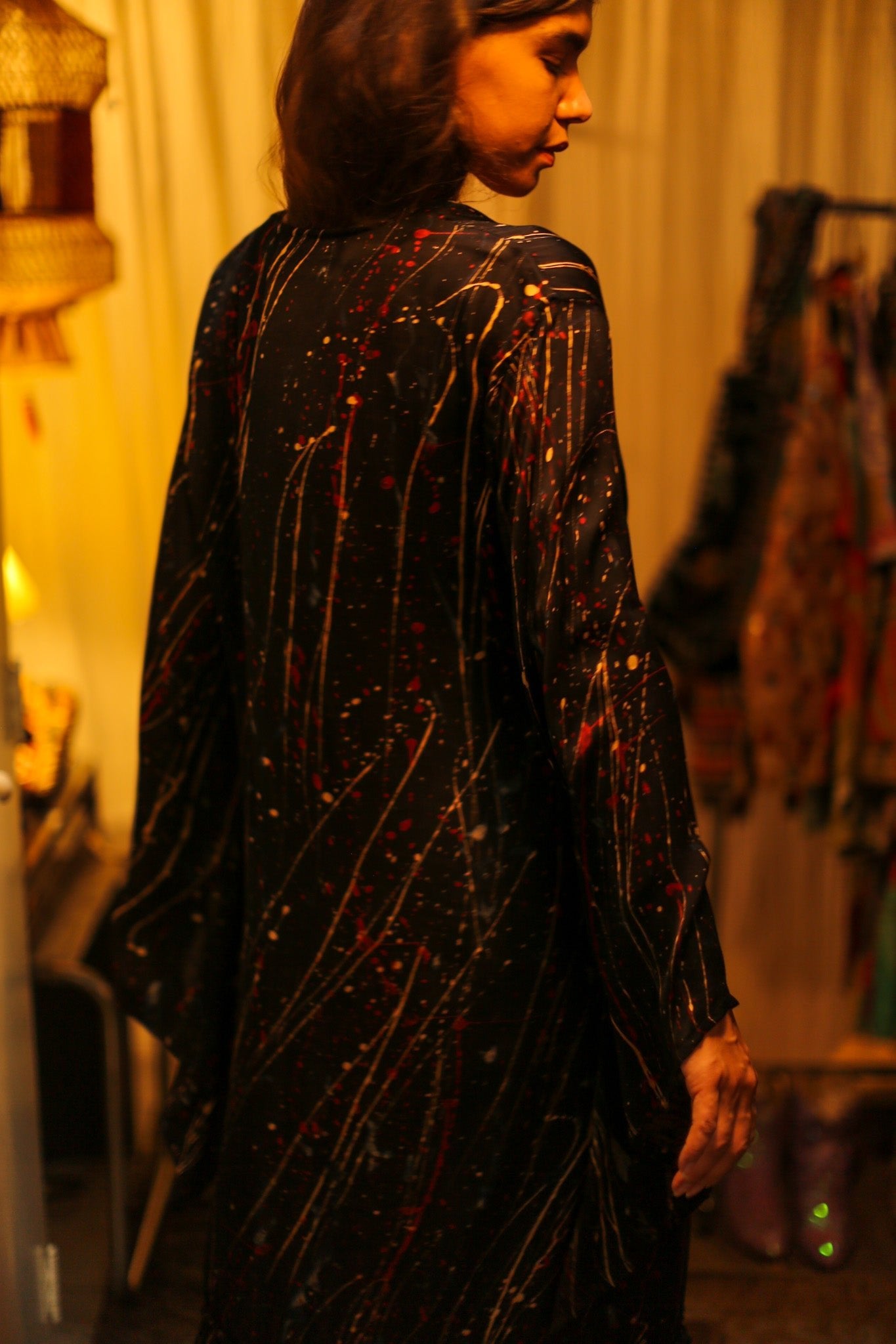 PINA SILK KIMONO BLACK POLLOCK - BANGKOK TAILOR CLOTHING STORE - HANDMADE CLOTHING