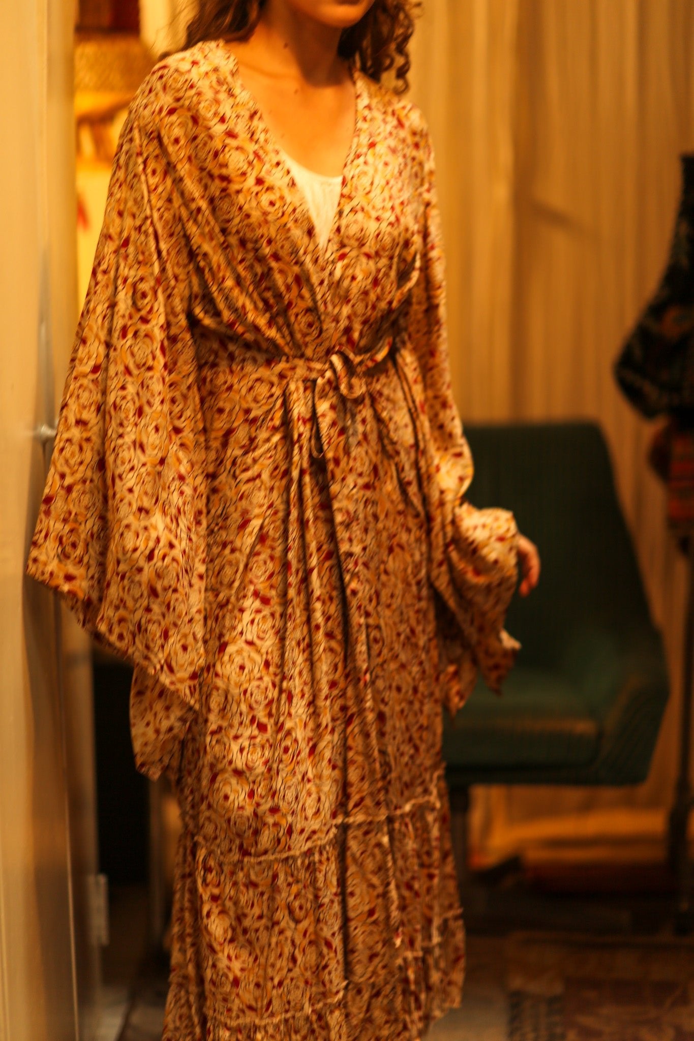 PINA SILK KIMONO FLORAL RED - BANGKOK TAILOR CLOTHING STORE - HANDMADE CLOTHING