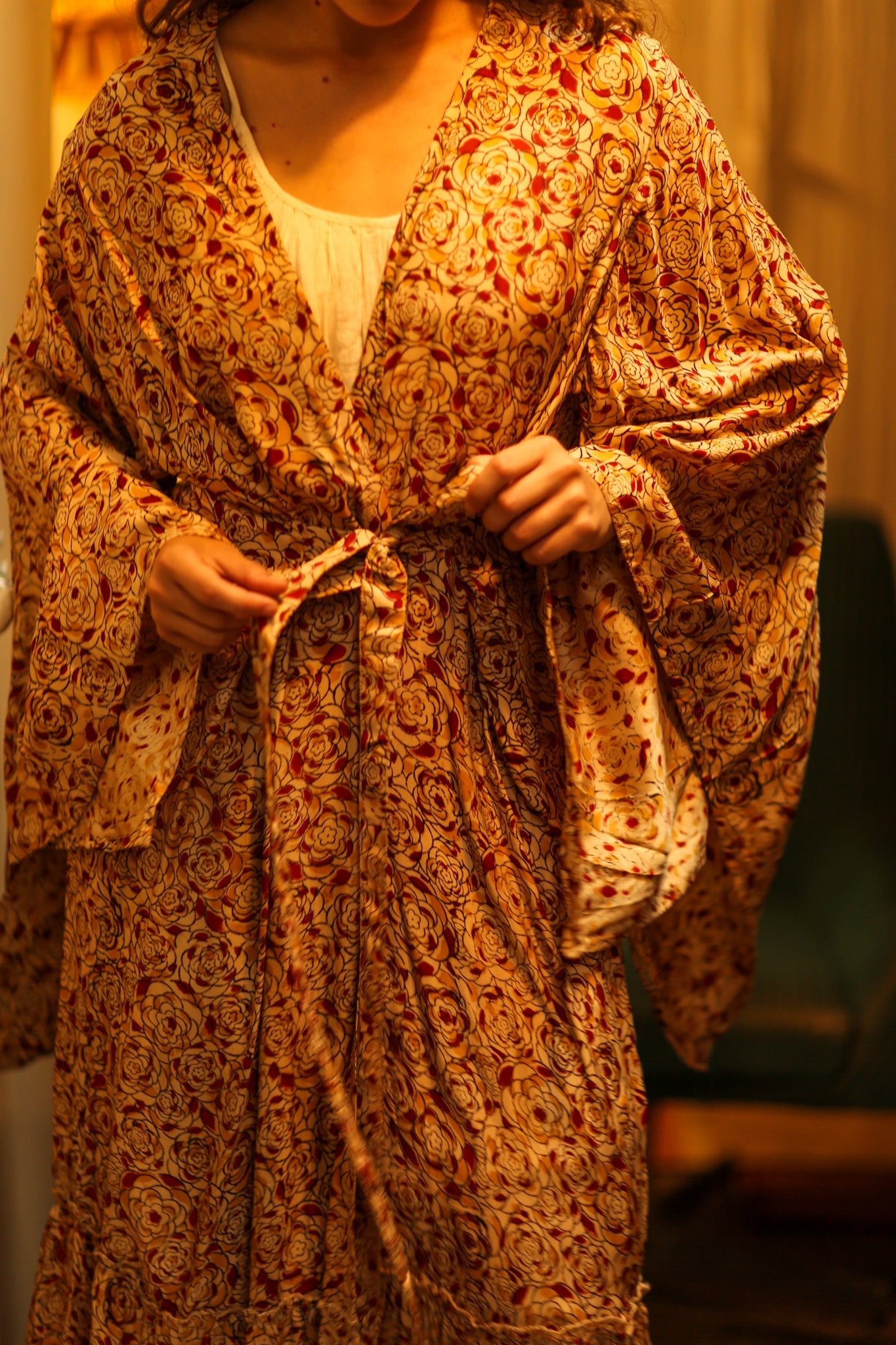 PINA SILK KIMONO FLORAL RED - BANGKOK TAILOR CLOTHING STORE - HANDMADE CLOTHING