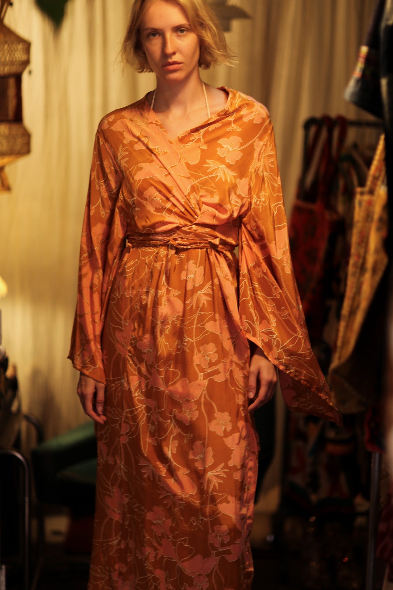 PINA SILK KIMONO ORANGE FLOWER - BANGKOK TAILOR CLOTHING STORE - HANDMADE CLOTHING
