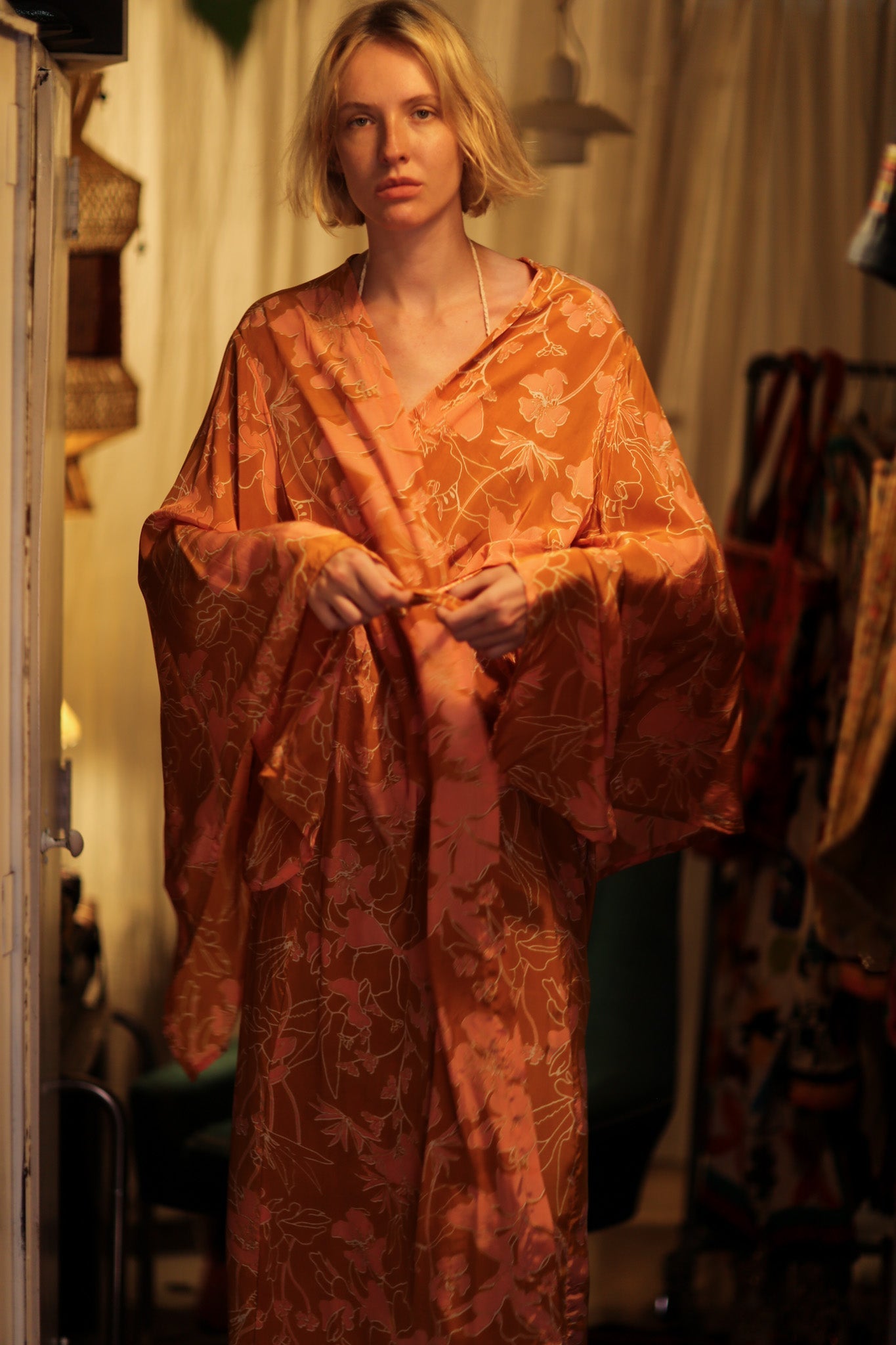 PINA SILK KIMONO ORANGE FLOWER - BANGKOK TAILOR CLOTHING STORE - HANDMADE CLOTHING