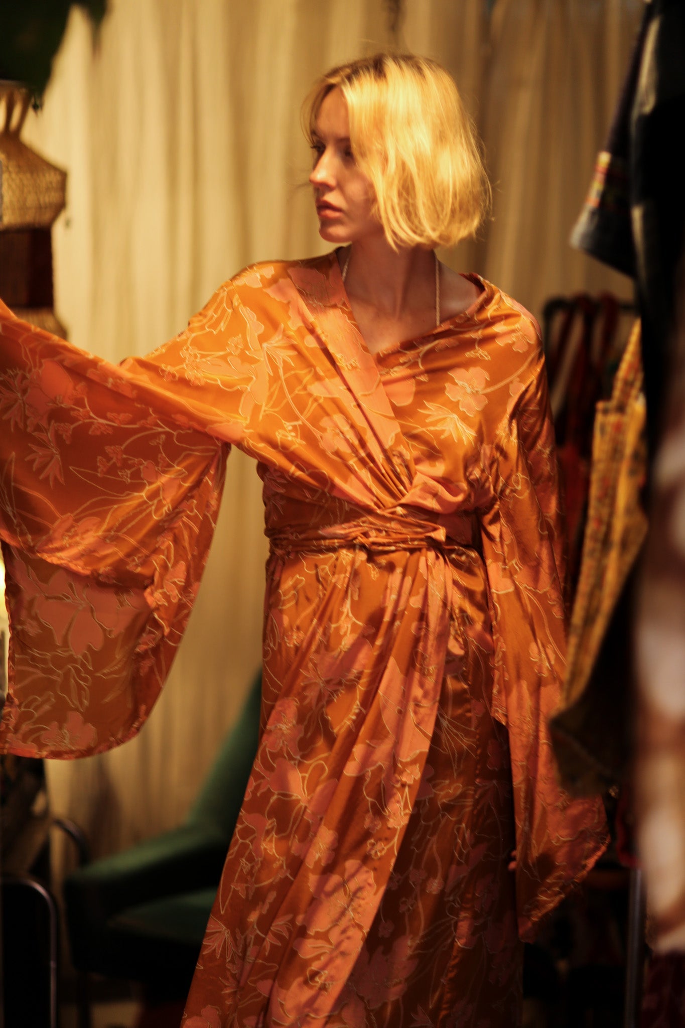 PINA SILK KIMONO ORANGE FLOWER - BANGKOK TAILOR CLOTHING STORE - HANDMADE CLOTHING