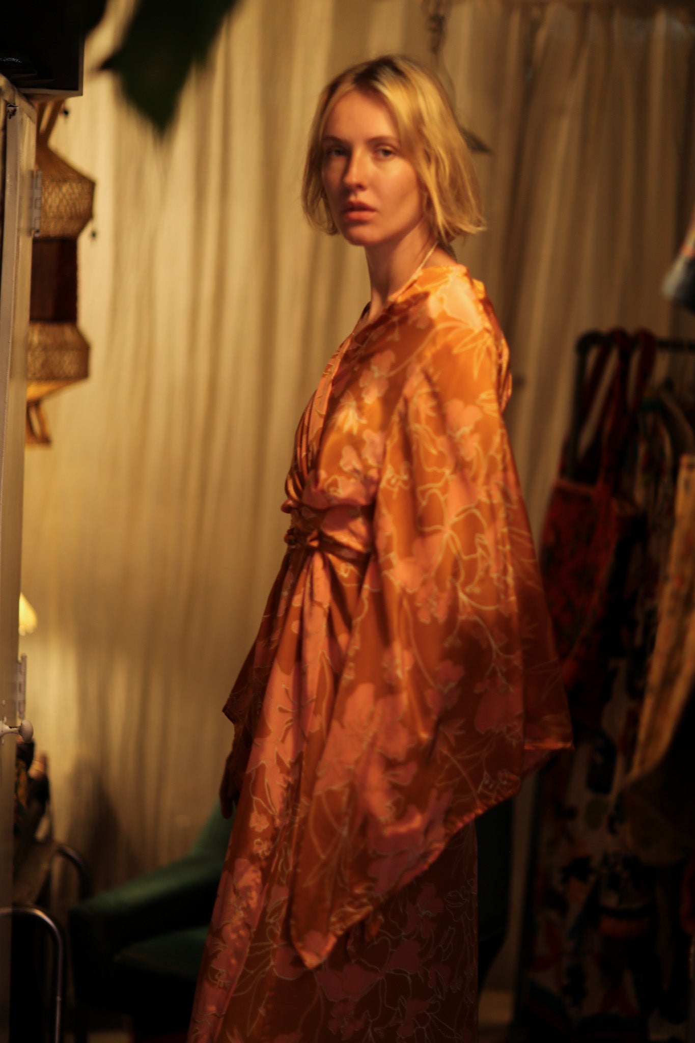 PINA SILK KIMONO ORANGE FLOWER - BANGKOK TAILOR CLOTHING STORE - HANDMADE CLOTHING