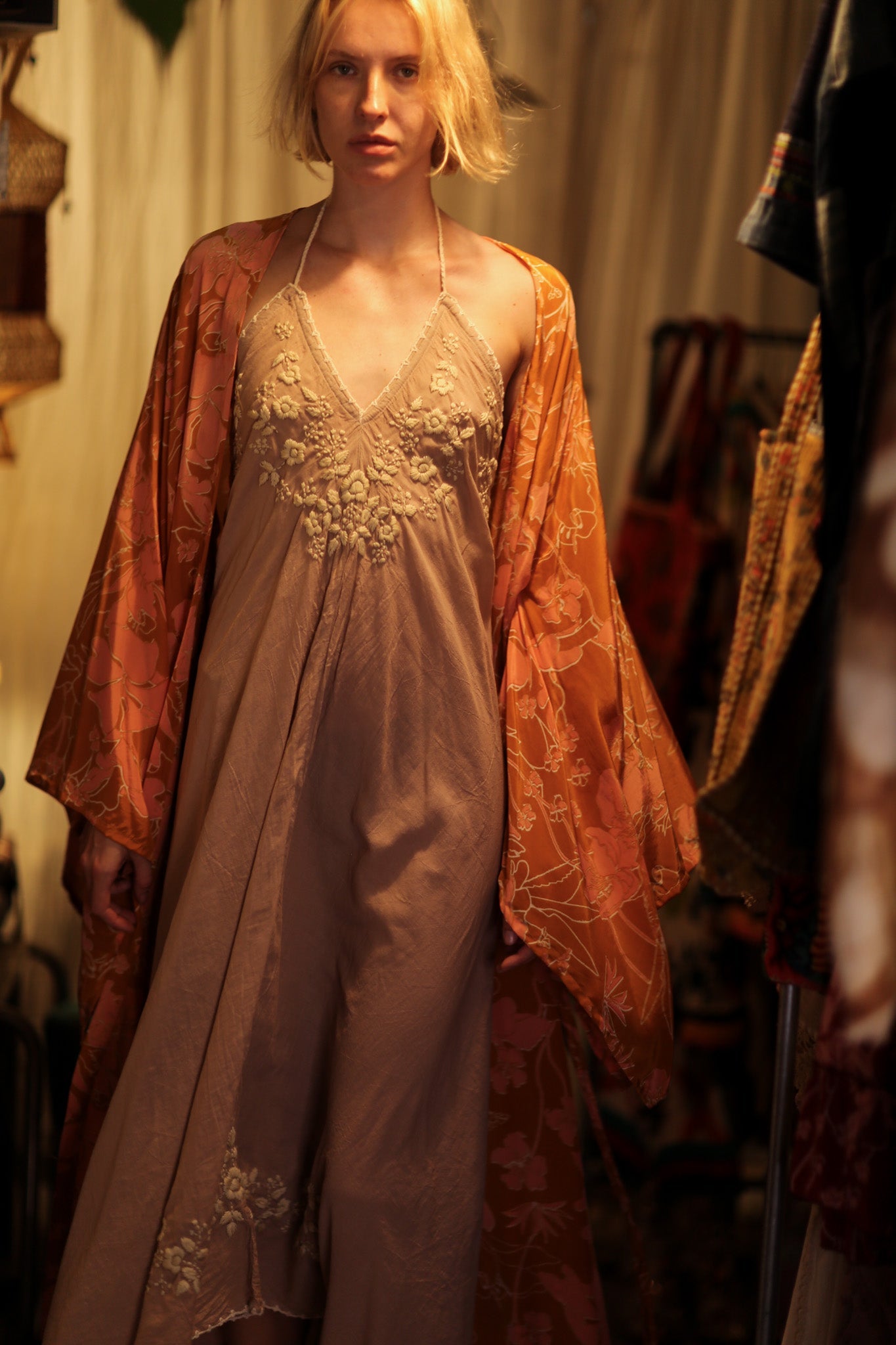 PINA SILK KIMONO ORANGE FLOWER - BANGKOK TAILOR CLOTHING STORE - HANDMADE CLOTHING