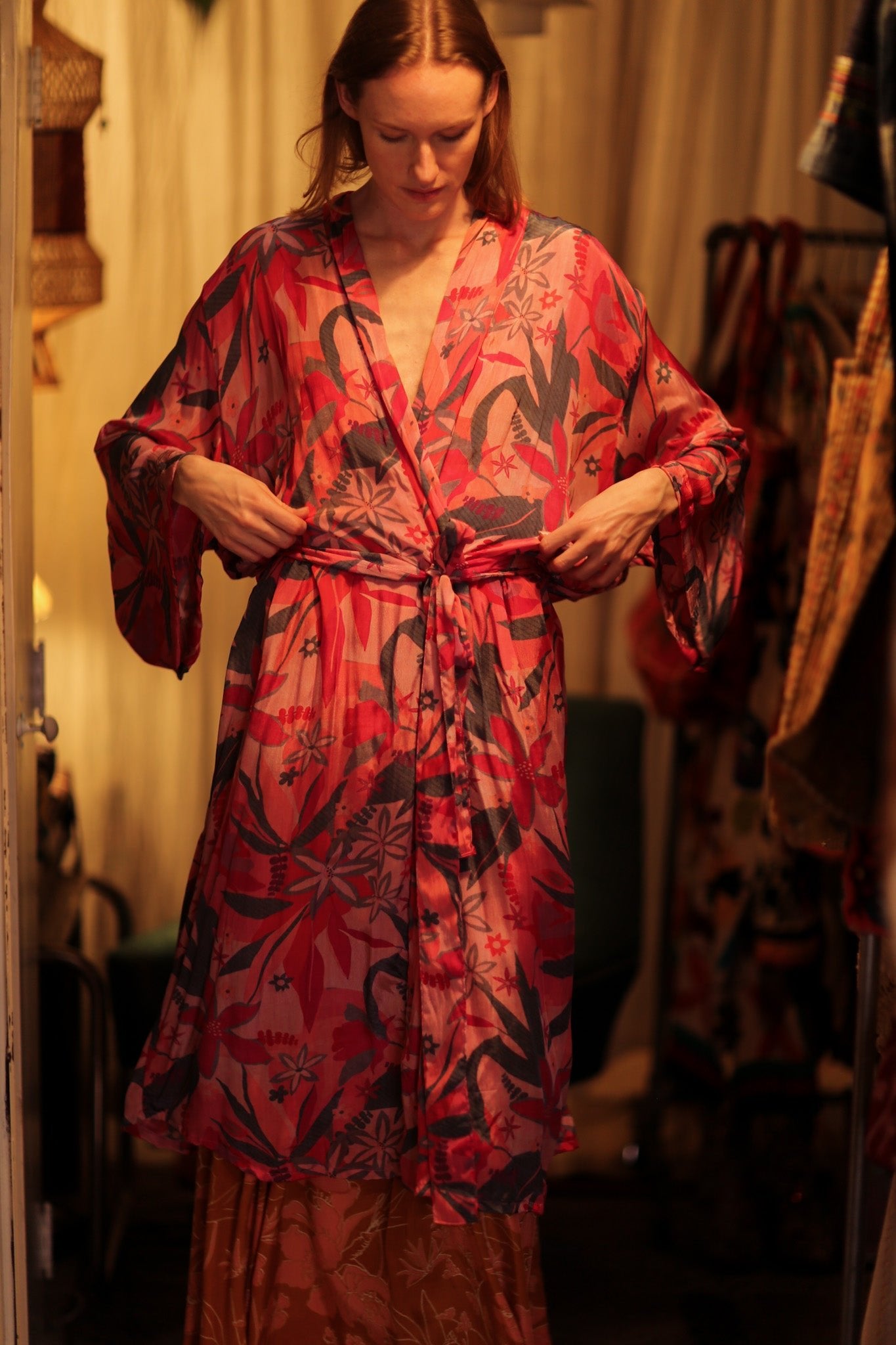 PINA SILK KIMONO PINK JUNGLE - BANGKOK TAILOR CLOTHING STORE - HANDMADE CLOTHING