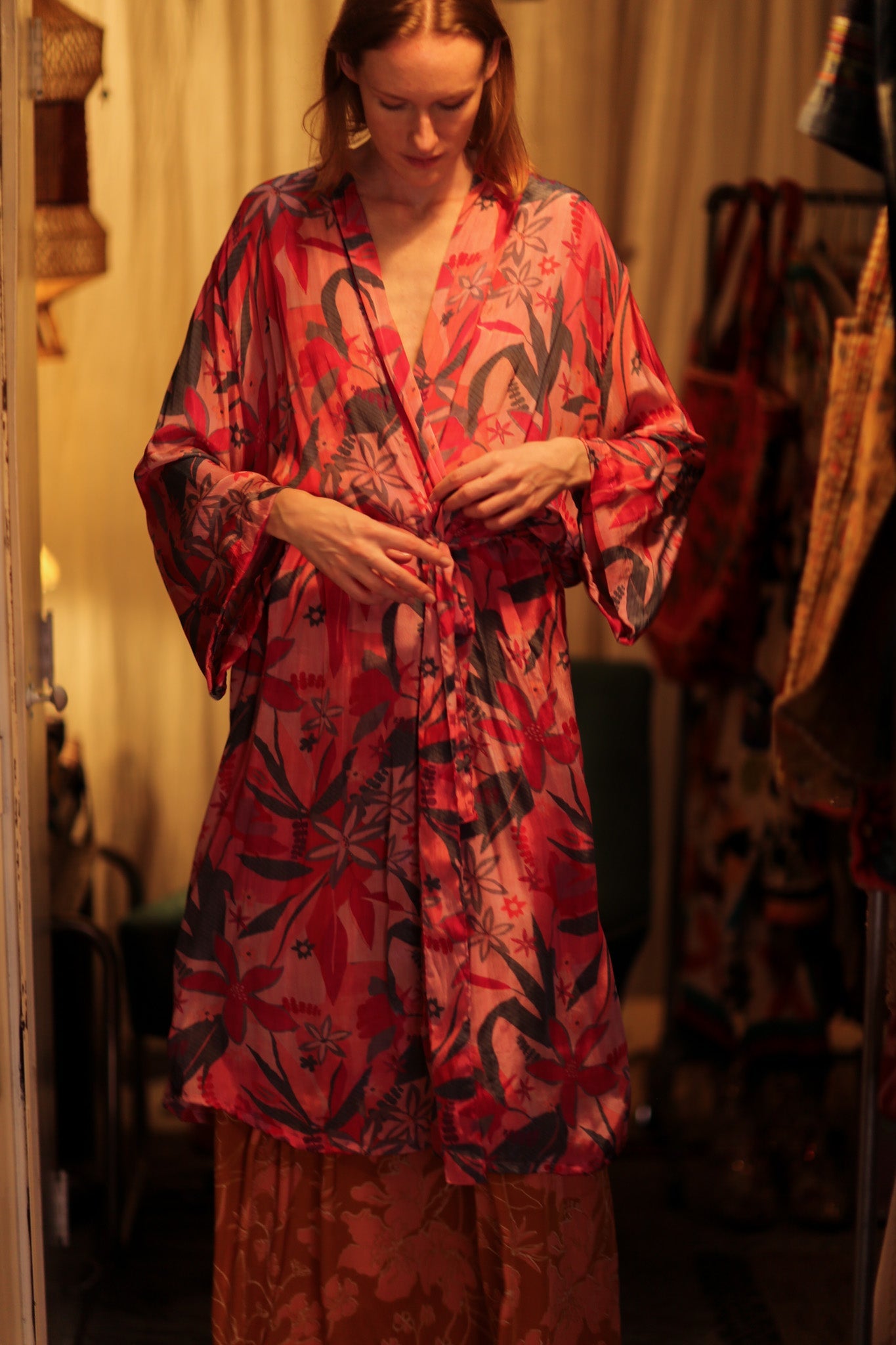 PINA SILK KIMONO PINK JUNGLE - BANGKOK TAILOR CLOTHING STORE - HANDMADE CLOTHING