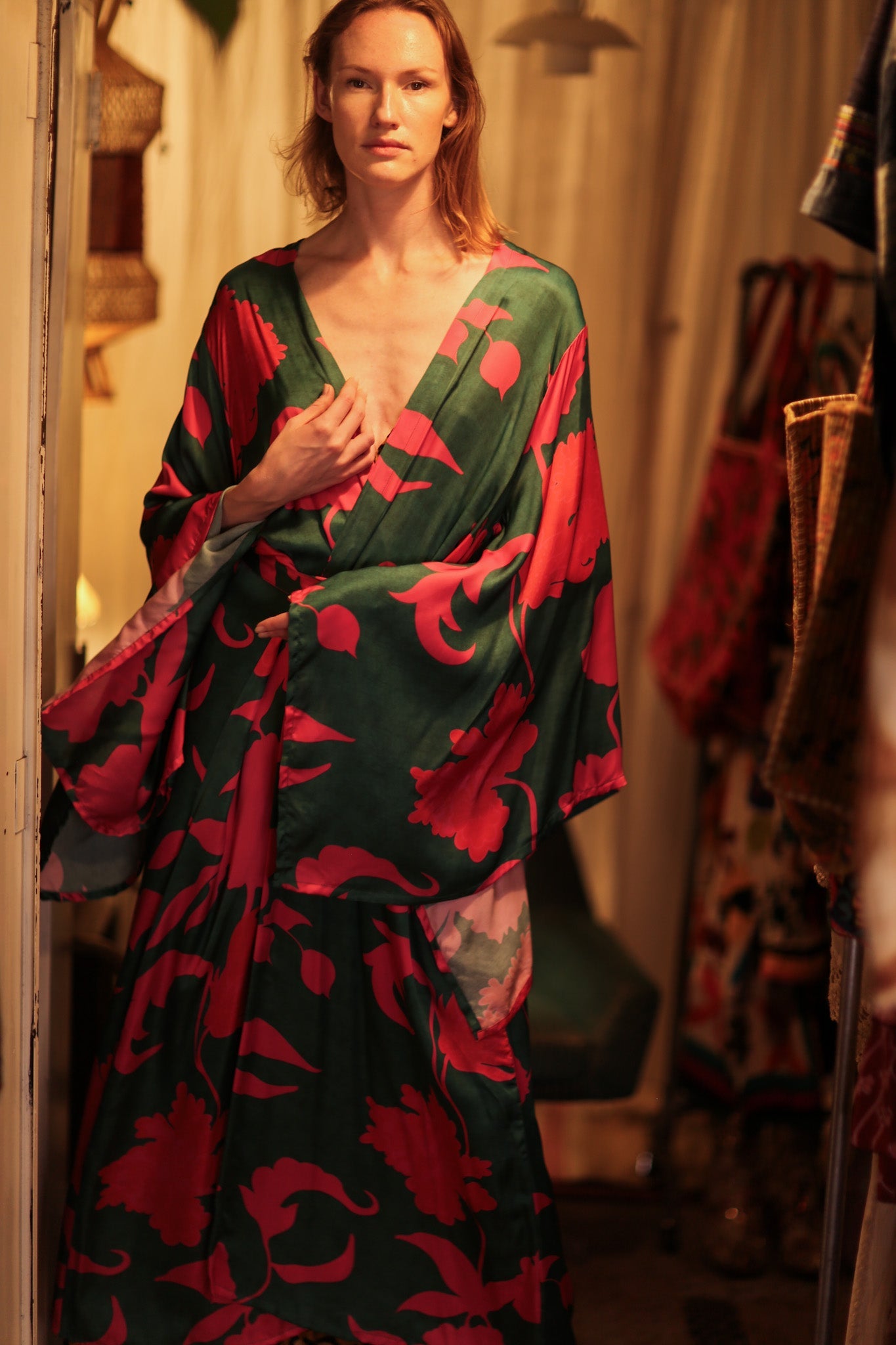 PINA SILK KIMONO PINK VINES - BANGKOK TAILOR CLOTHING STORE - HANDMADE CLOTHING