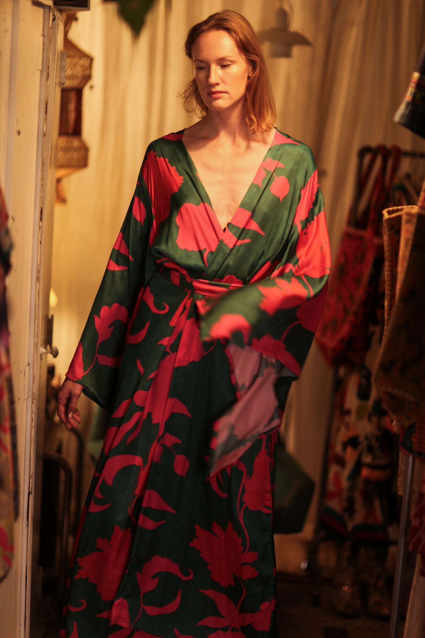 PINA SILK KIMONO PINK VINES - BANGKOK TAILOR CLOTHING STORE - HANDMADE CLOTHING