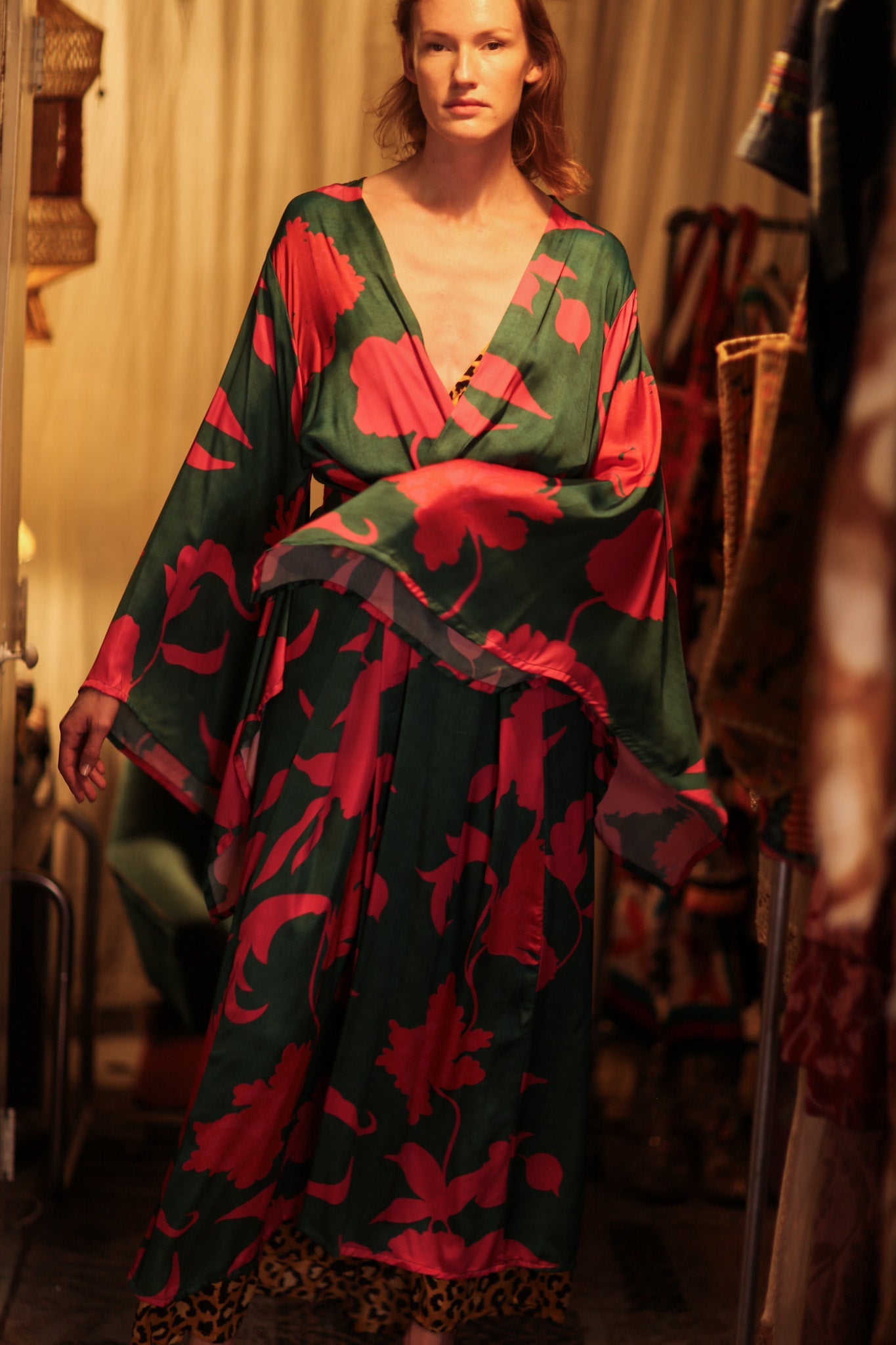 PINA SILK KIMONO PINK VINES - BANGKOK TAILOR CLOTHING STORE - HANDMADE CLOTHING