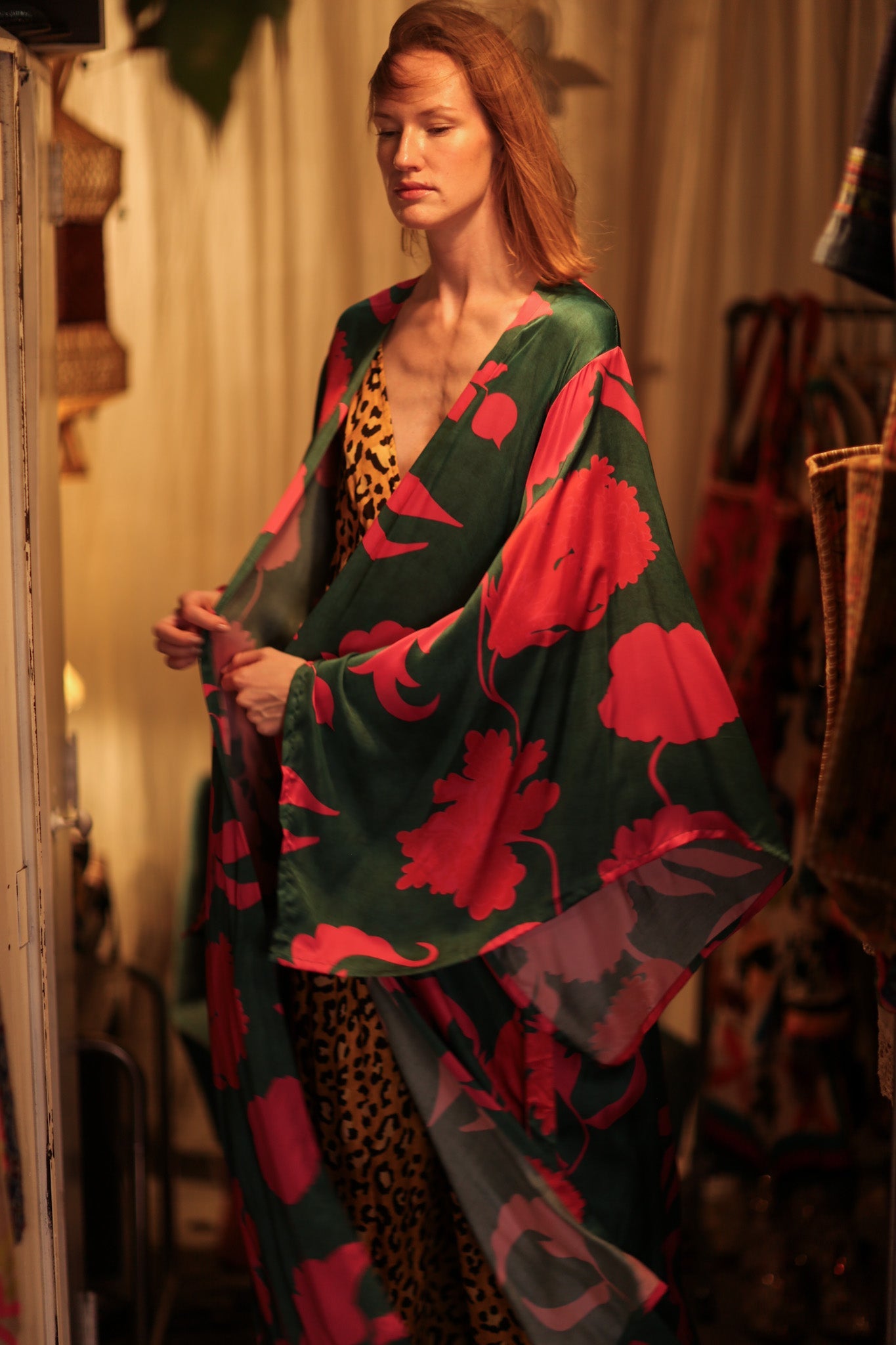 PINA SILK KIMONO PINK VINES - BANGKOK TAILOR CLOTHING STORE - HANDMADE CLOTHING