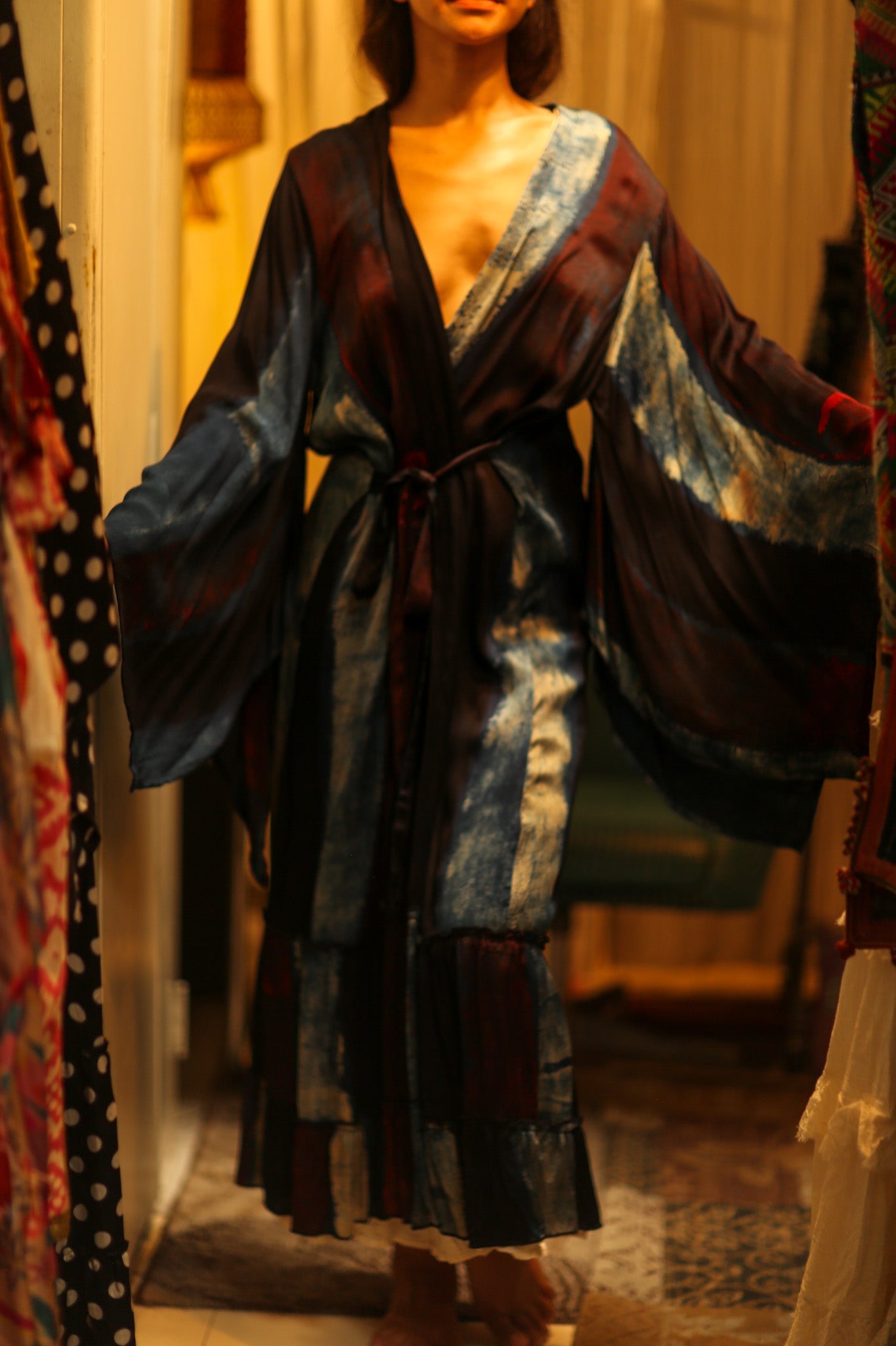 PINA SILK KIMONO RED AND BLUE STRIPE - BANGKOK TAILOR CLOTHING STORE - HANDMADE CLOTHING