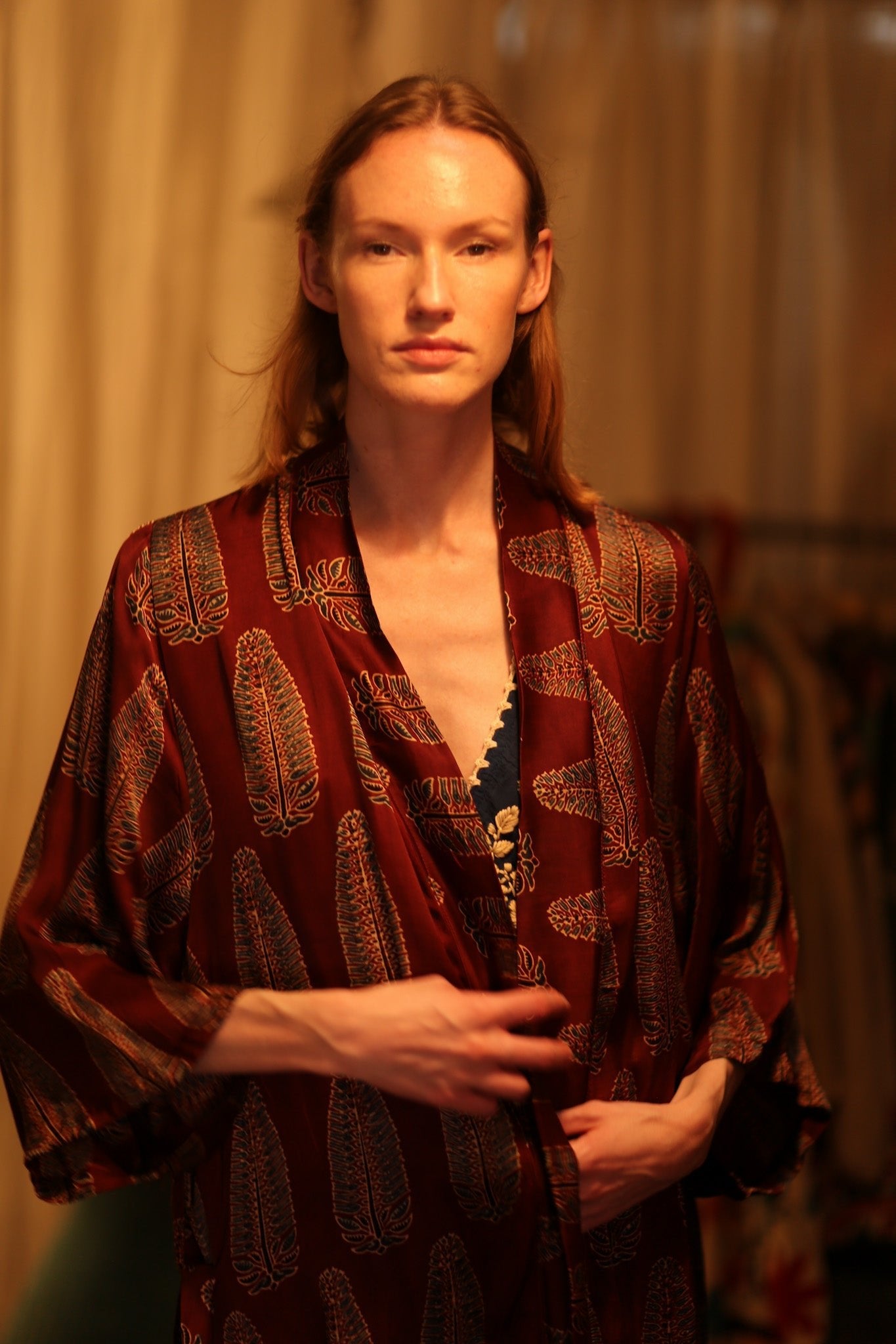 PINA SILK KIMONO RED FEATHER - BANGKOK TAILOR CLOTHING STORE - HANDMADE CLOTHING