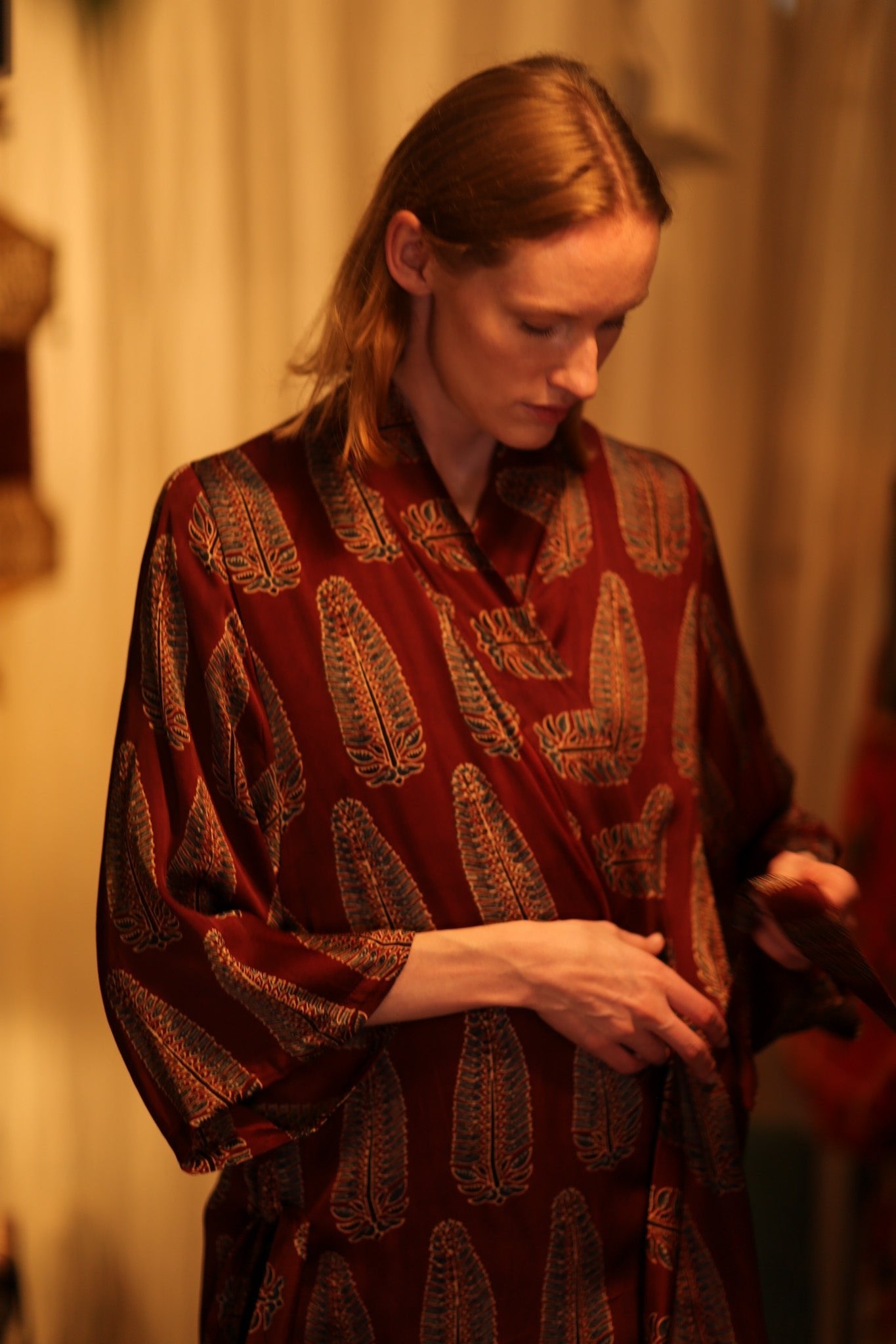 PINA SILK KIMONO RED FEATHER - BANGKOK TAILOR CLOTHING STORE - HANDMADE CLOTHING