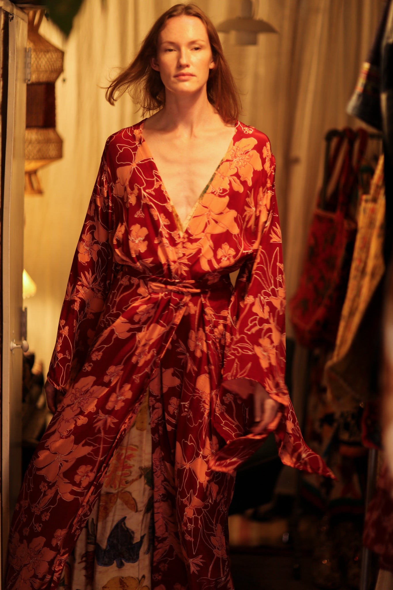 PINA SILK KIMONO RED FLOWER - BANGKOK TAILOR CLOTHING STORE - HANDMADE CLOTHING