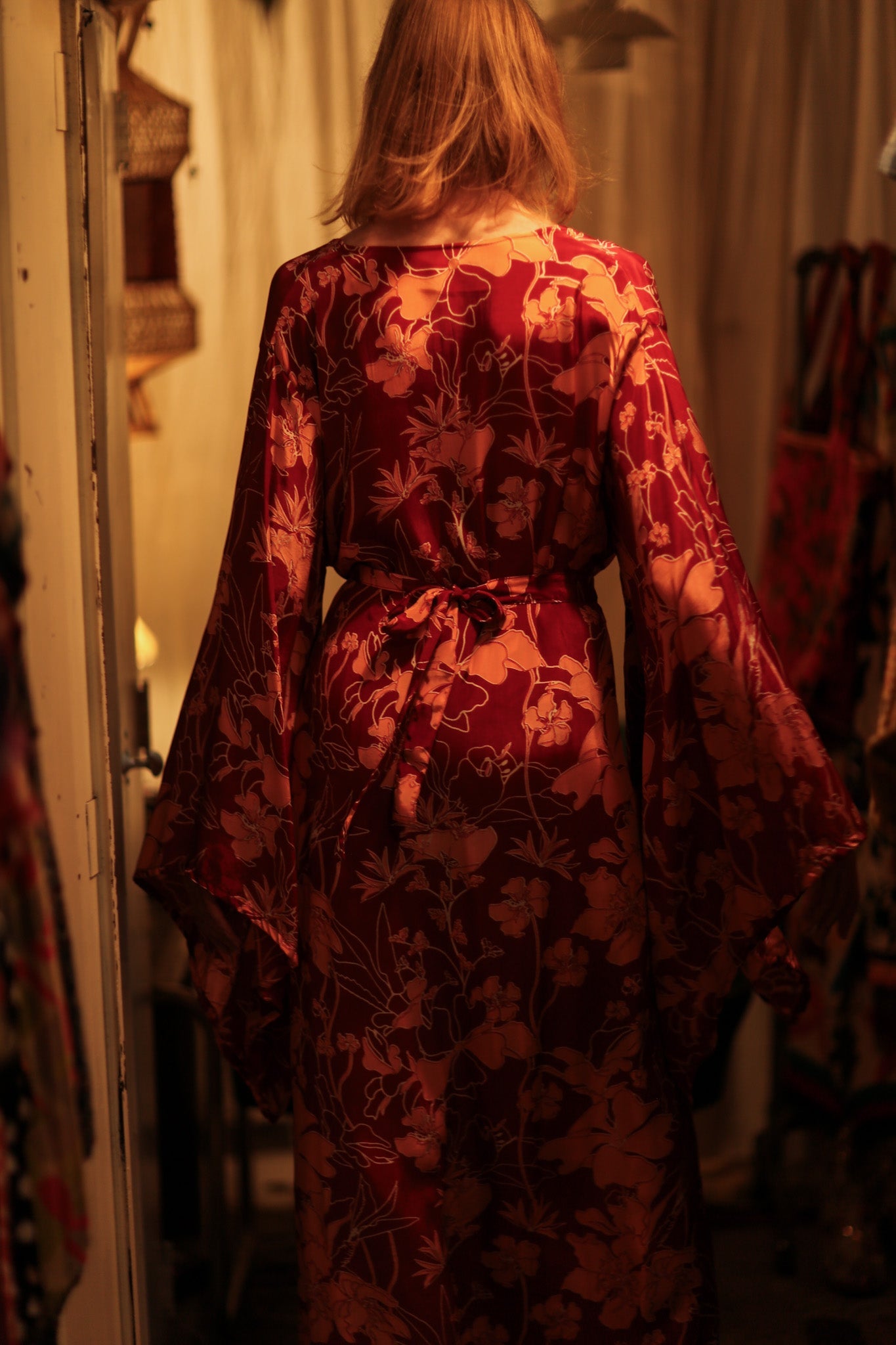 PINA SILK KIMONO RED FLOWER - BANGKOK TAILOR CLOTHING STORE - HANDMADE CLOTHING