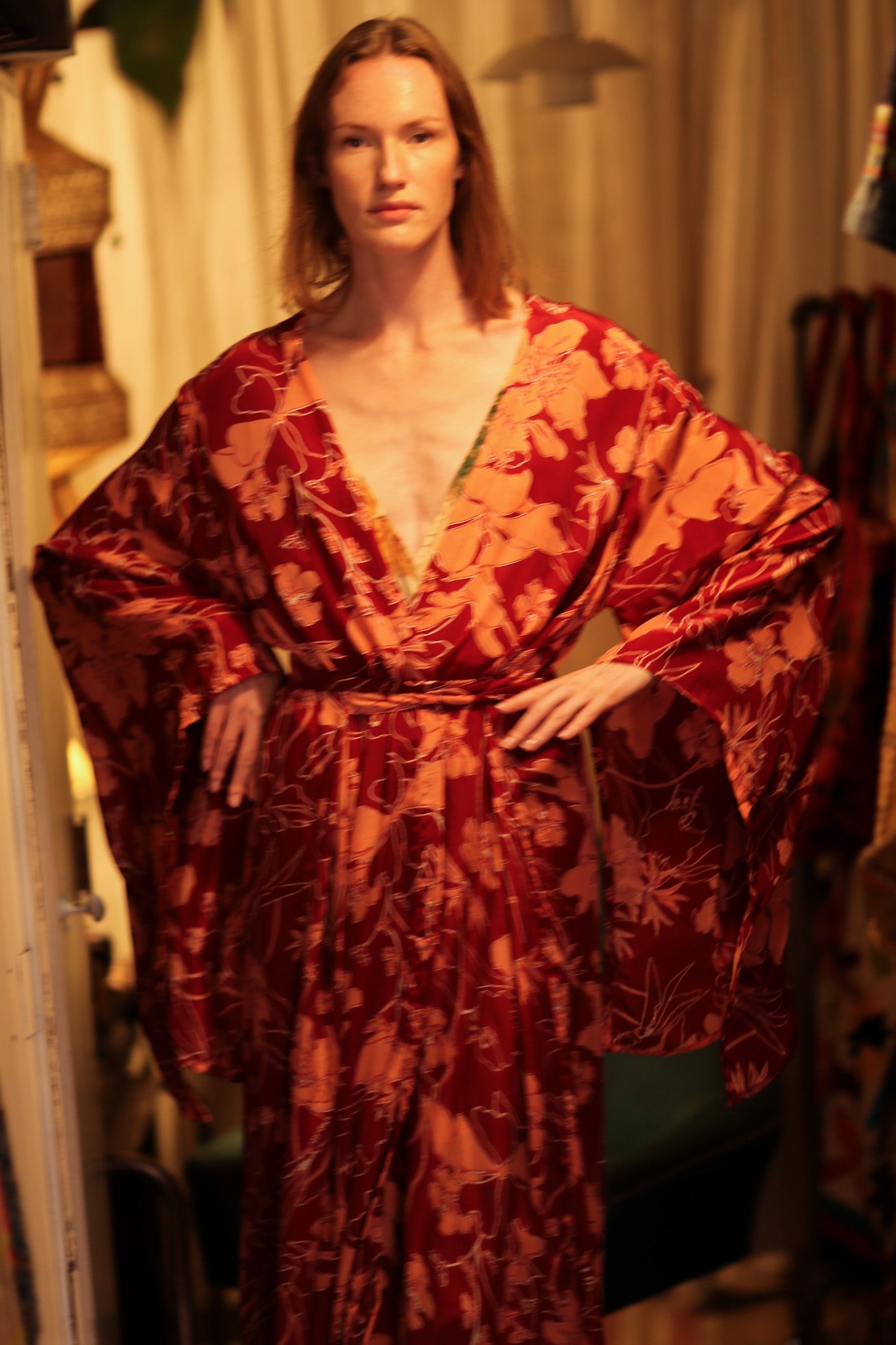 PINA SILK KIMONO RED FLOWER - BANGKOK TAILOR CLOTHING STORE - HANDMADE CLOTHING