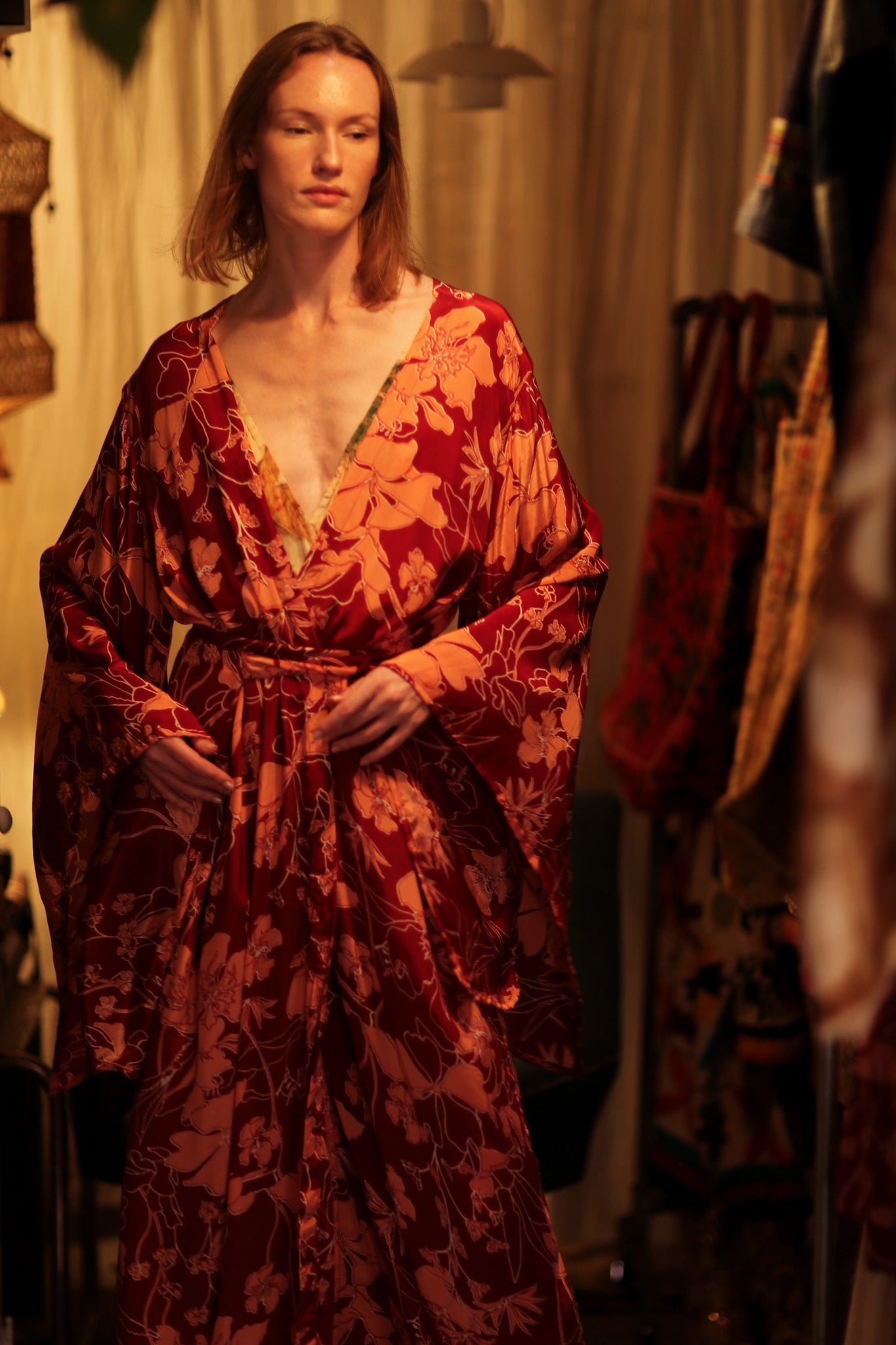 PINA SILK KIMONO RED FLOWER - BANGKOK TAILOR CLOTHING STORE - HANDMADE CLOTHING
