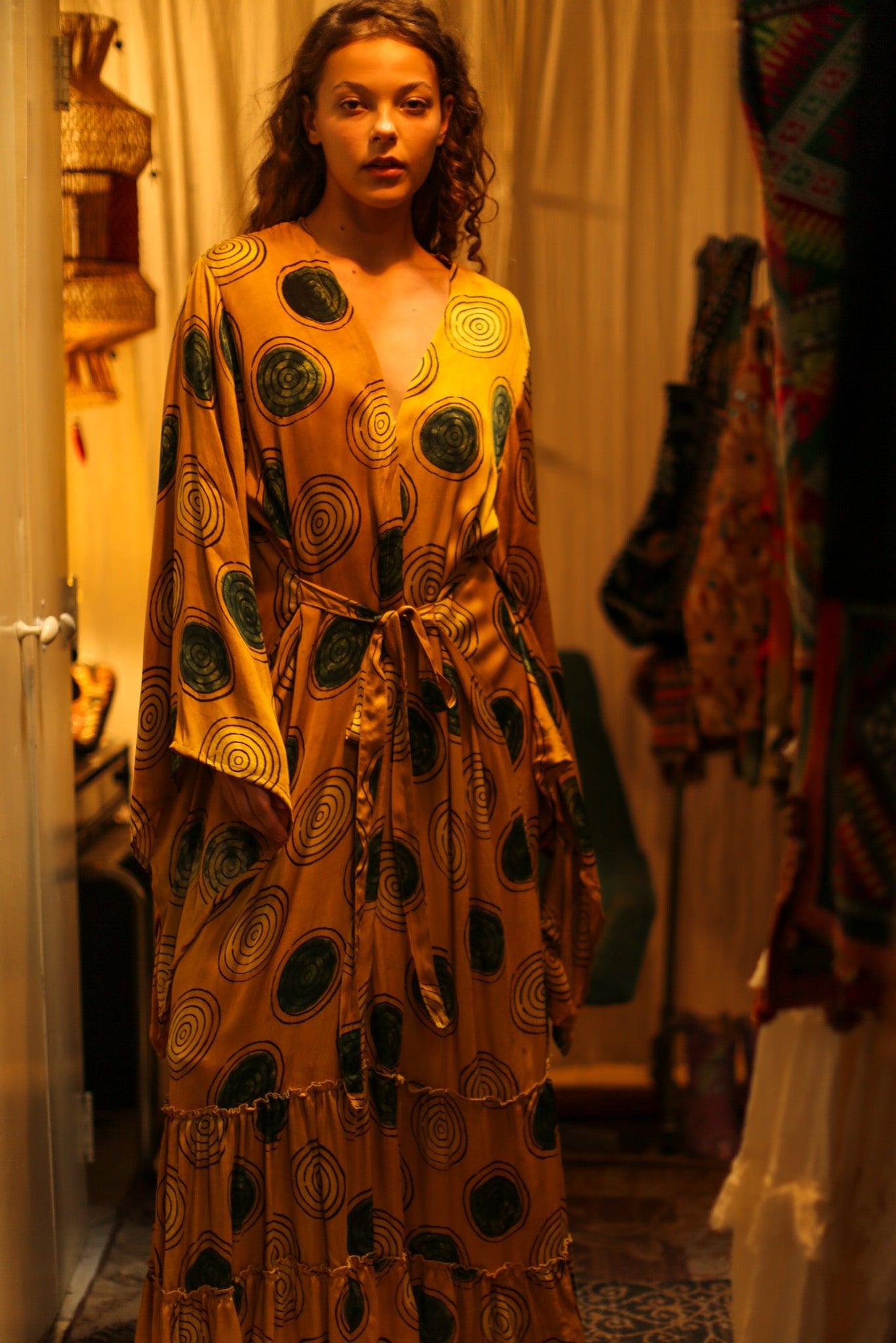 PINA SILK KIMONO YELLOW CIRCLE - BANGKOK TAILOR CLOTHING STORE - HANDMADE CLOTHING