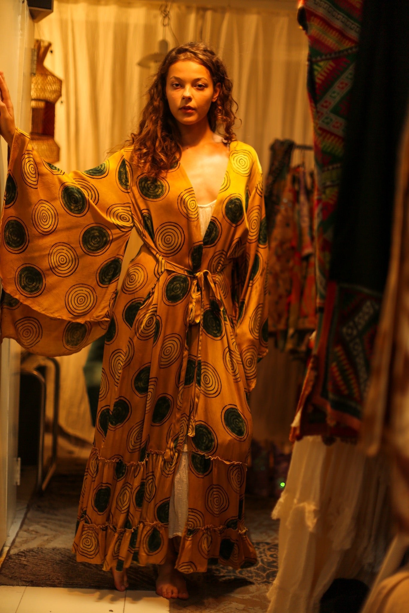PINA SILK KIMONO YELLOW CIRCLE - BANGKOK TAILOR CLOTHING STORE - HANDMADE CLOTHING