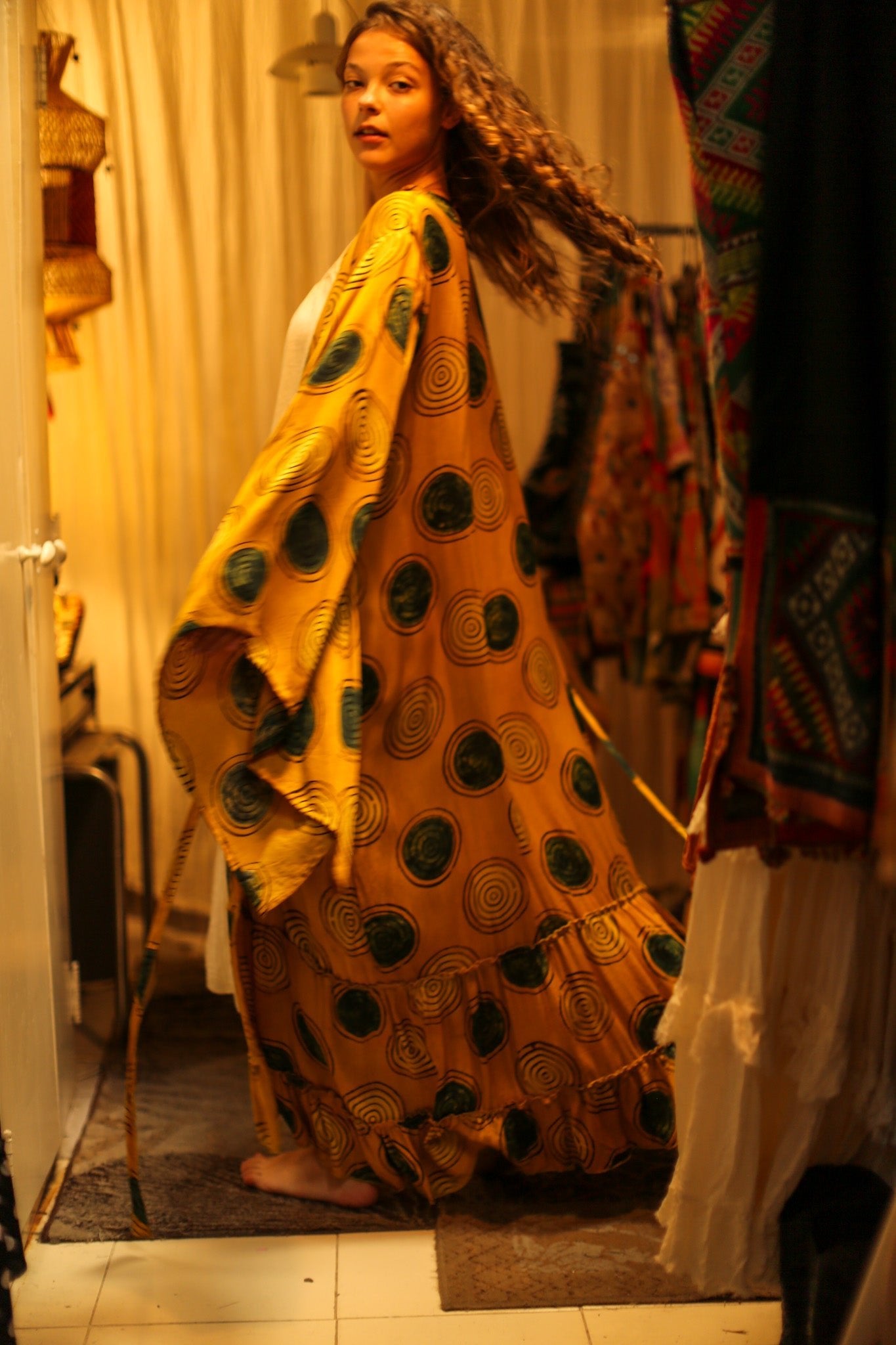 PINA SILK KIMONO YELLOW CIRCLE - BANGKOK TAILOR CLOTHING STORE - HANDMADE CLOTHING