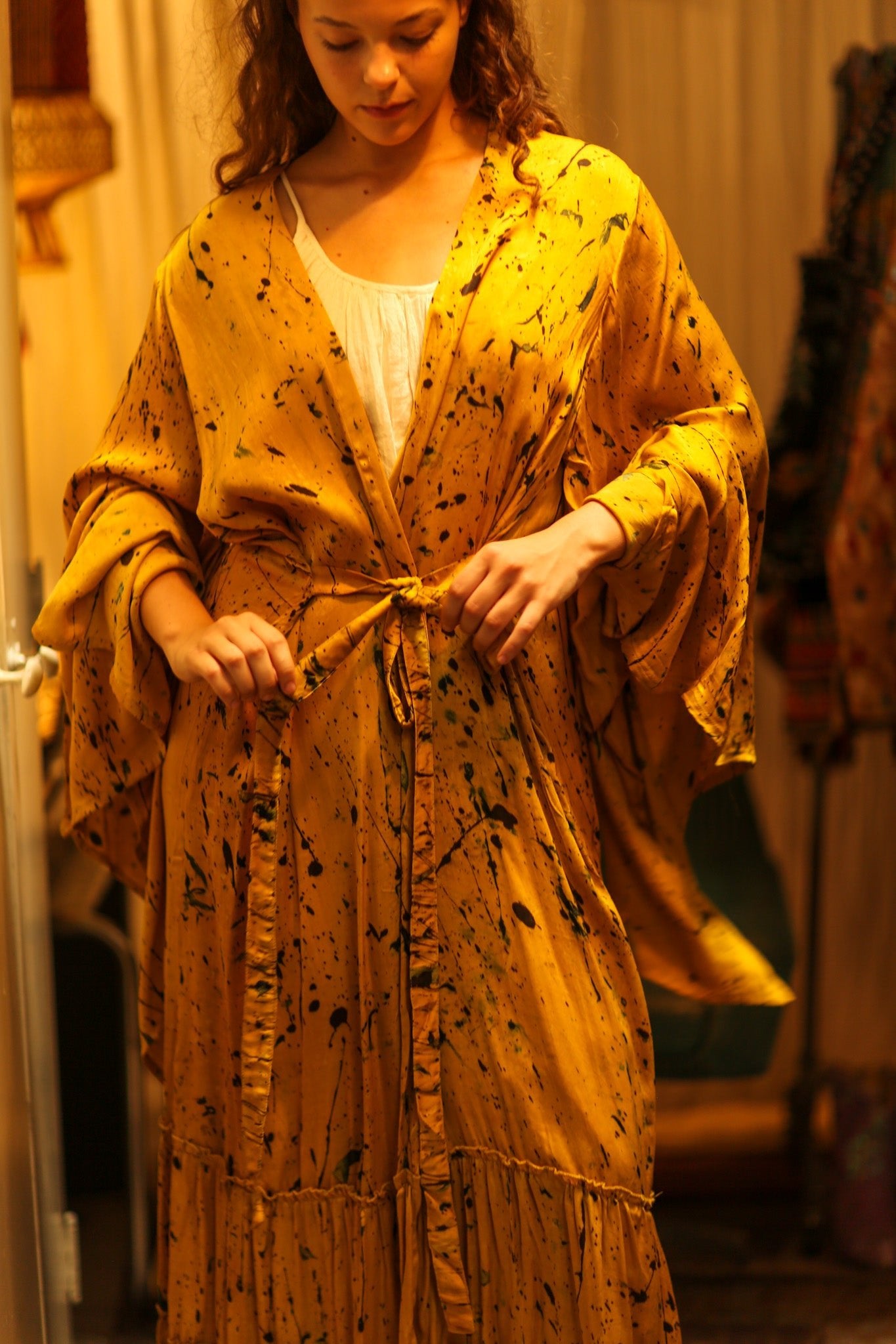 PINA SILK KIMONO YELLOW POLLOCK - BANGKOK TAILOR CLOTHING STORE - HANDMADE CLOTHING