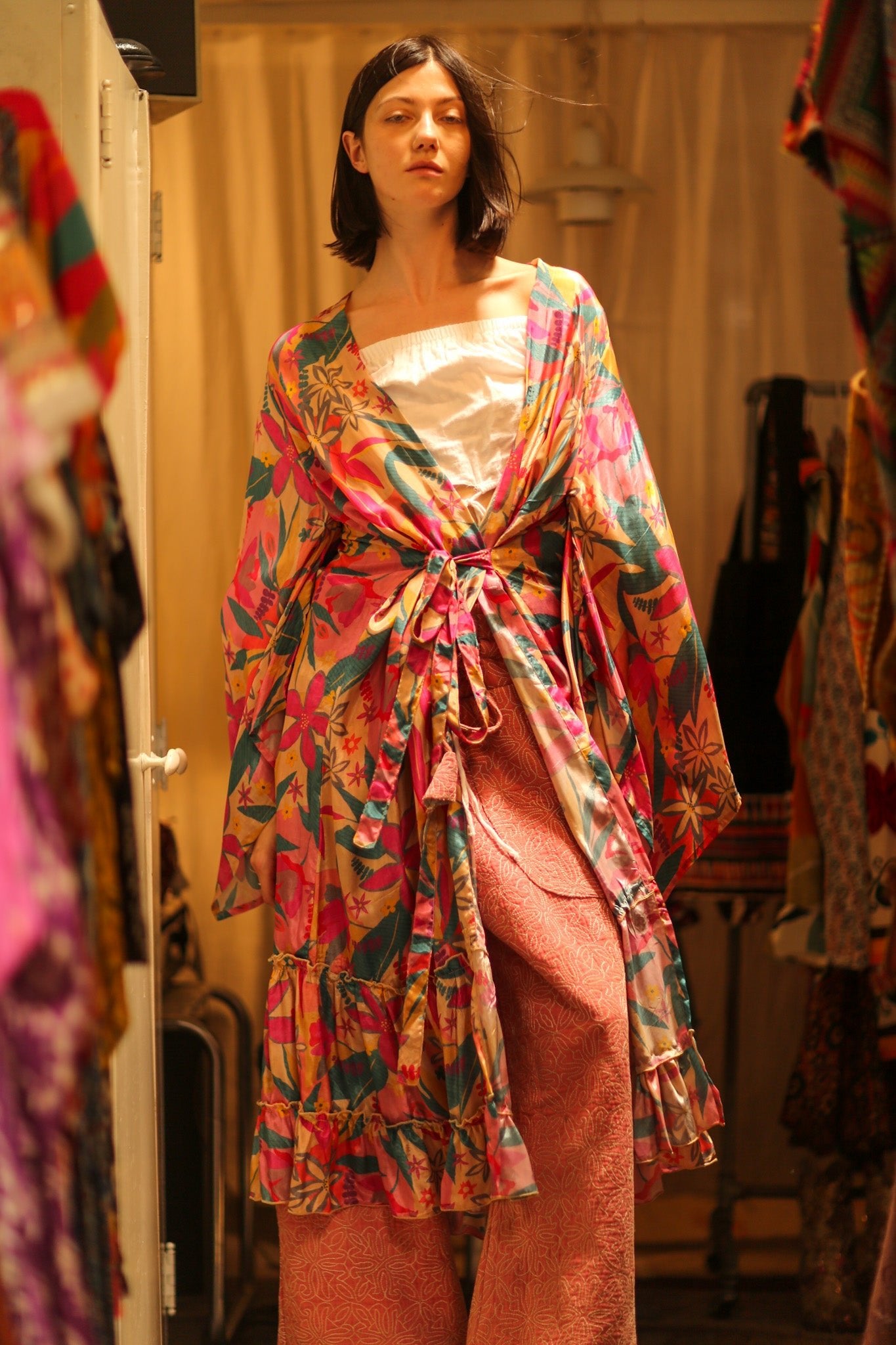 PINK JUNGLE SILK KIMONO PINA - BANGKOK TAILOR CLOTHING STORE - HANDMADE CLOTHING