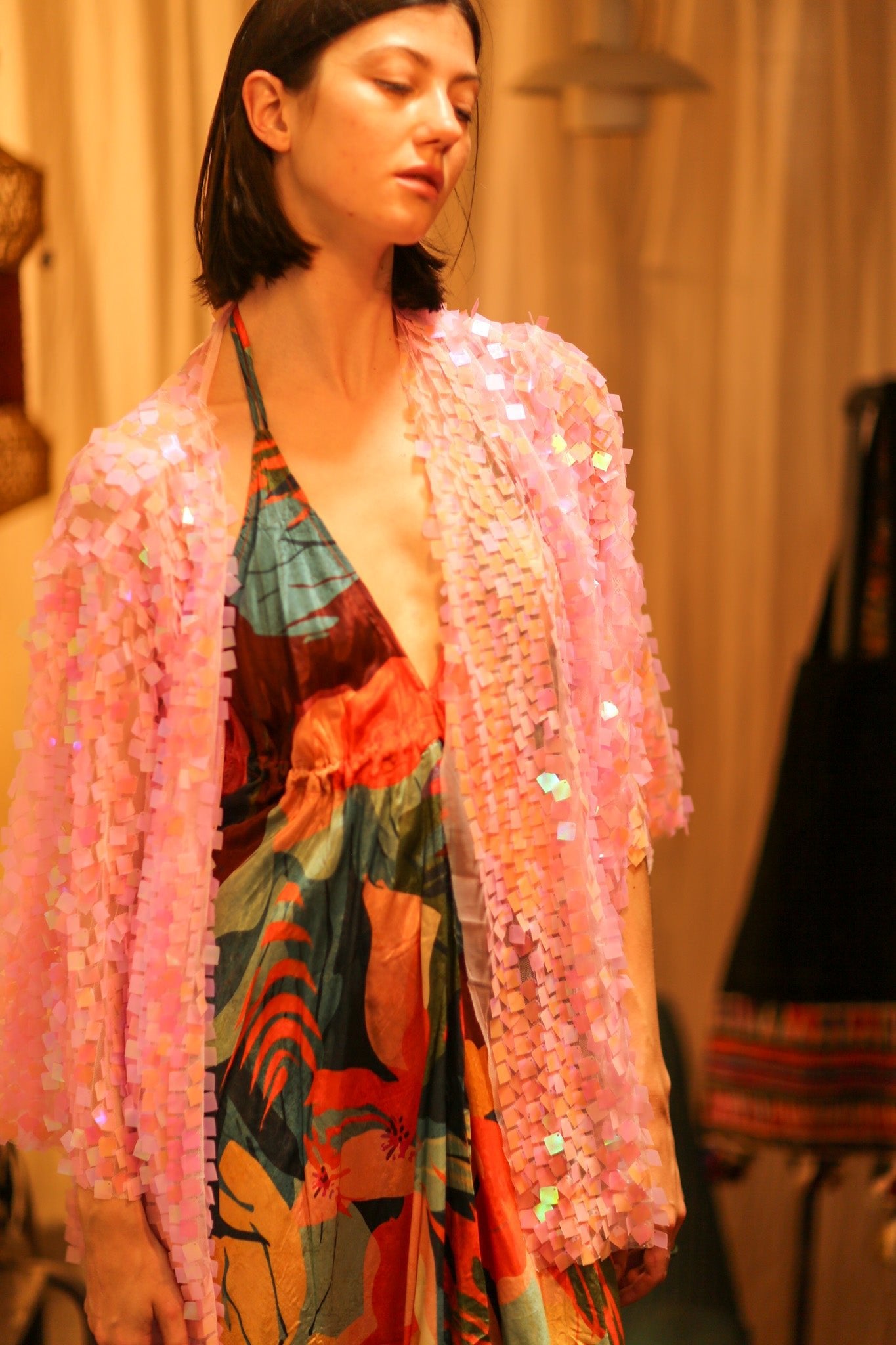 PINK SHORT SEQUIN GLITTER KIMONO JANINE - BANGKOK TAILOR CLOTHING STORE - HANDMADE CLOTHING