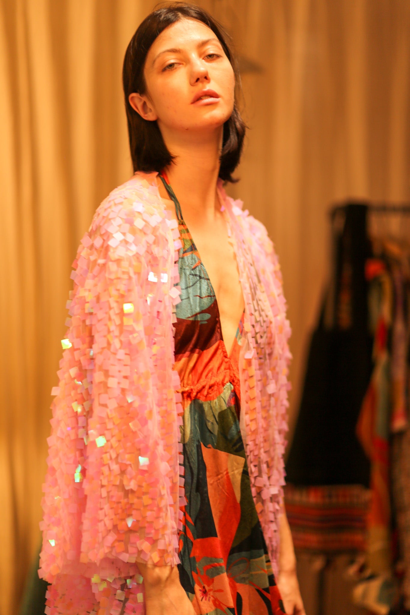 PINK SHORT SEQUIN GLITTER KIMONO JANINE - BANGKOK TAILOR CLOTHING STORE - HANDMADE CLOTHING