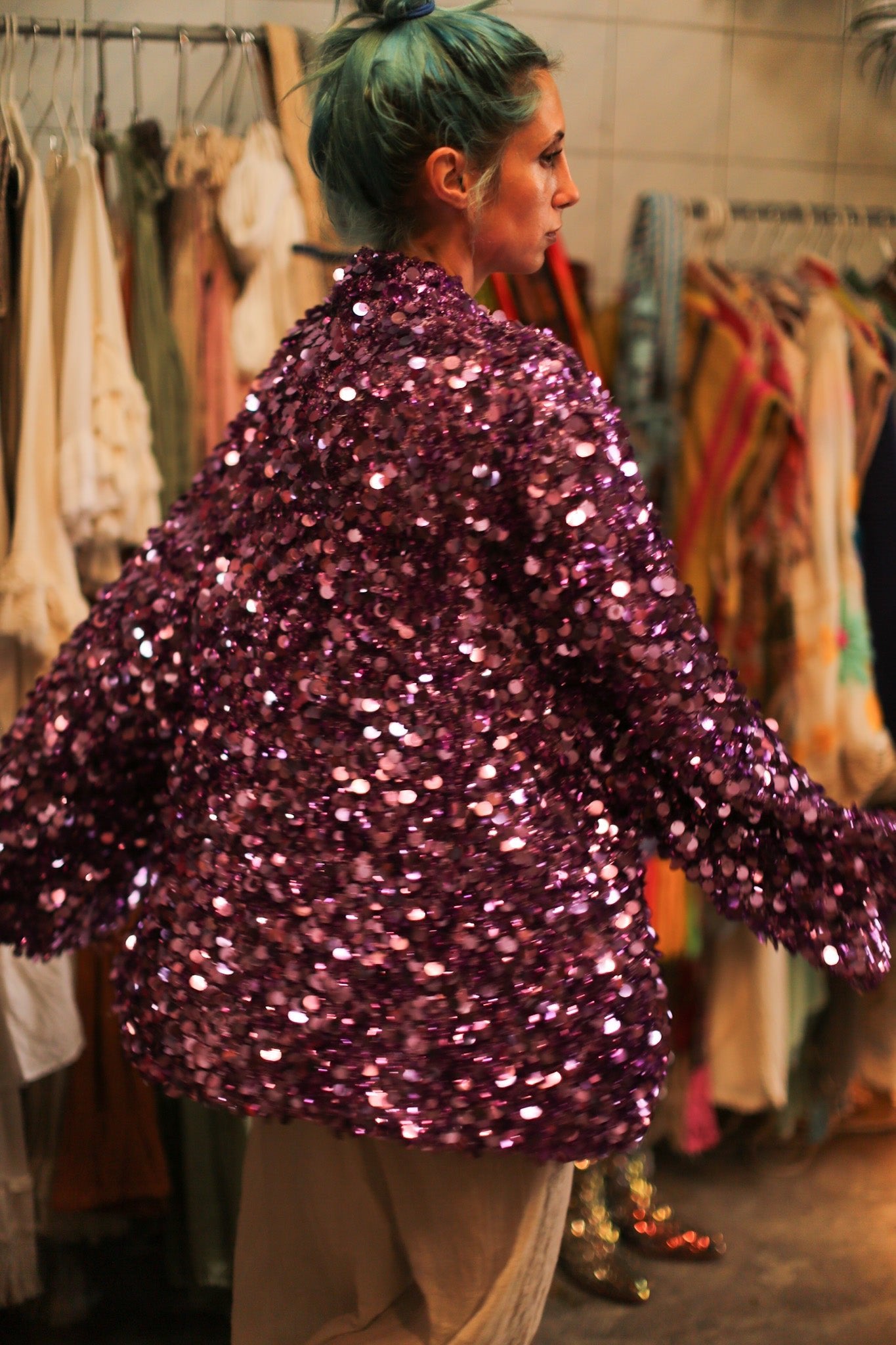 PURPLE SEQUIN EMBROIDERED KIMONO - BANGKOK TAILOR CLOTHING STORE - HANDMADE CLOTHING