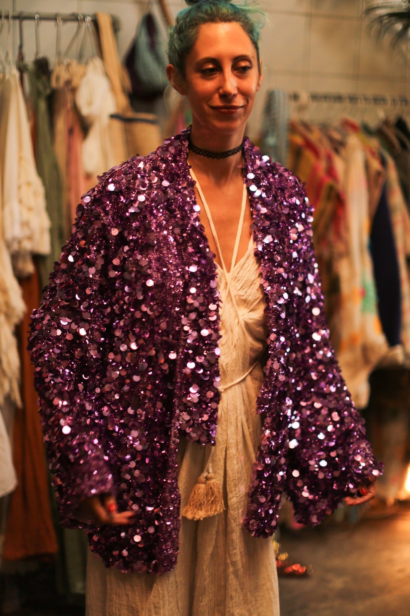 PURPLE SEQUIN EMBROIDERED KIMONO - BANGKOK TAILOR CLOTHING STORE - HANDMADE CLOTHING