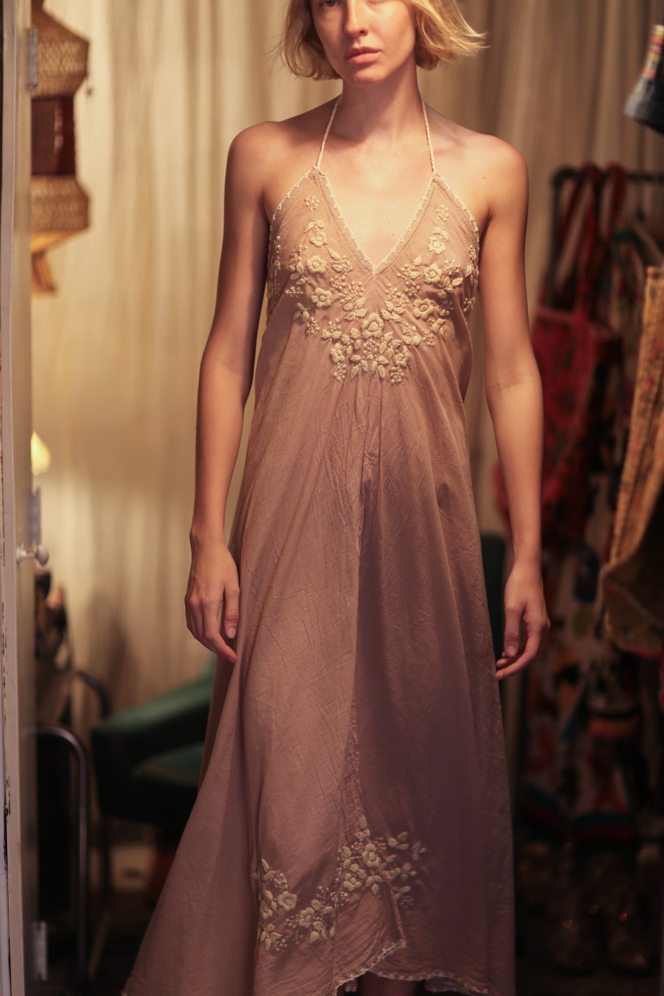 ROSE EMBROIDERED COTTON DRESS - BANGKOK TAILOR CLOTHING STORE - HANDMADE CLOTHING