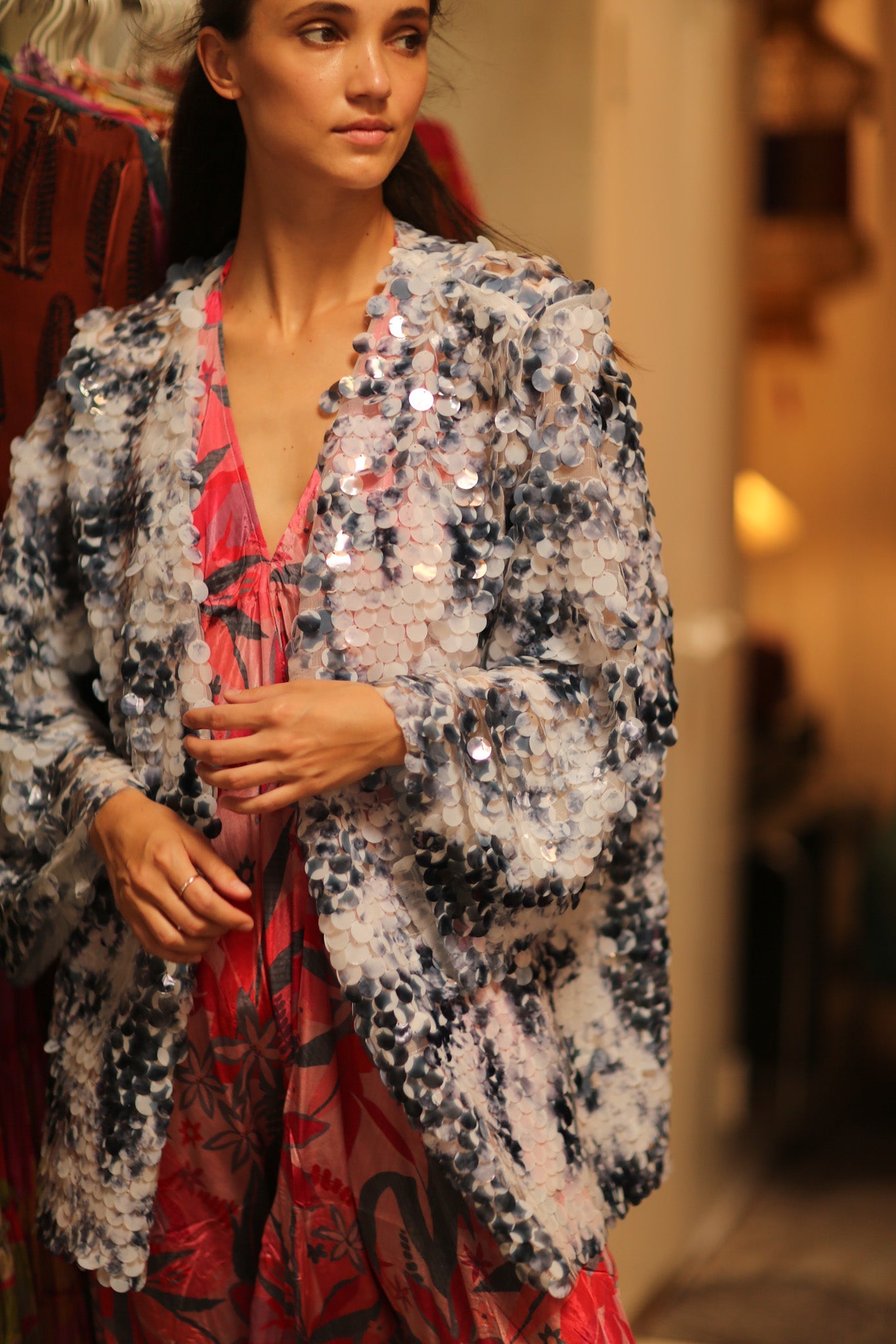 SEQUIN EMBROIDERED SHORT GLITTER KIMONO OLIVES - BANGKOK TAILOR CLOTHING STORE - HANDMADE CLOTHING