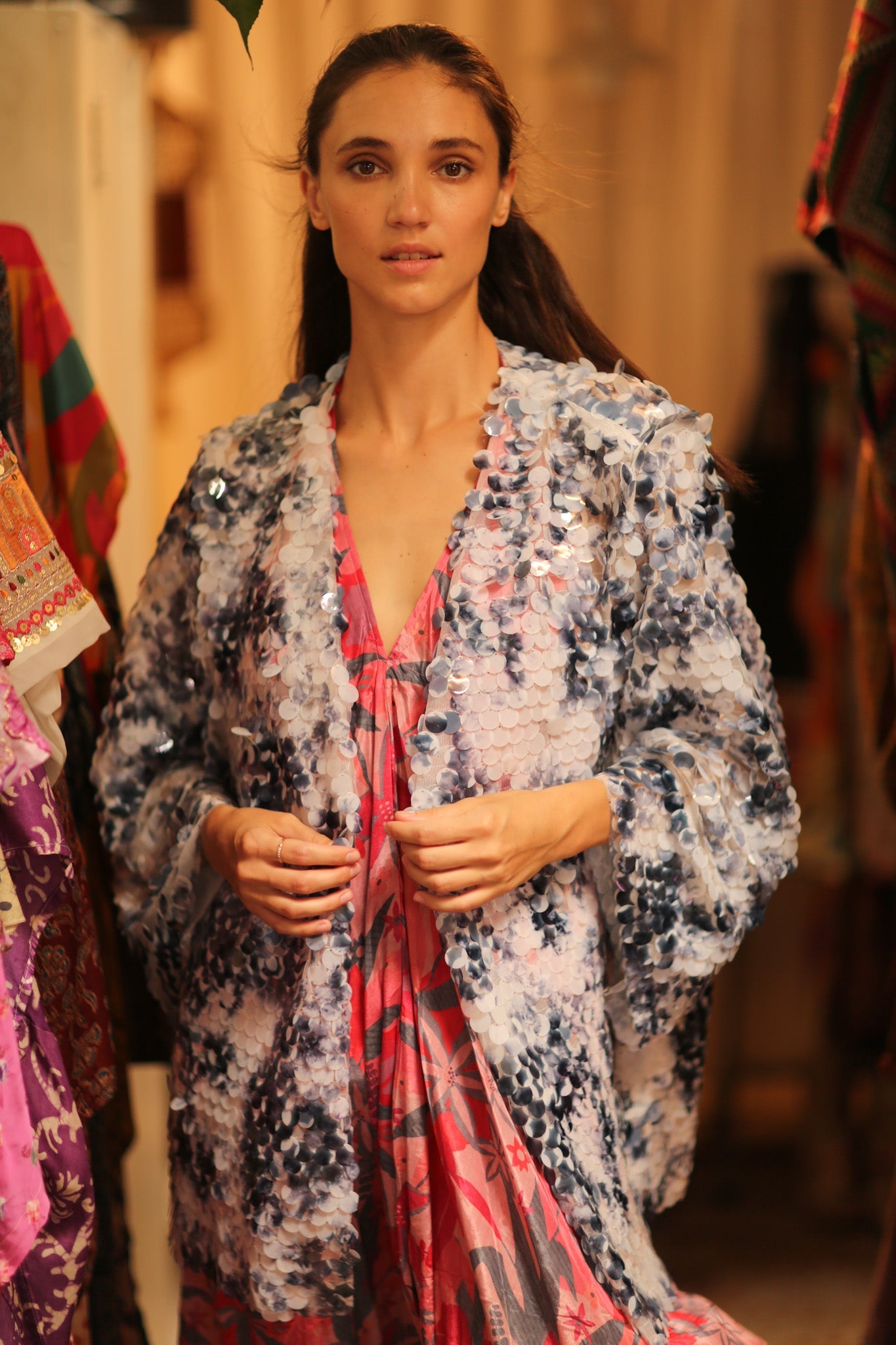 SEQUIN EMBROIDERED SHORT GLITTER KIMONO OLIVES - BANGKOK TAILOR CLOTHING STORE - HANDMADE CLOTHING