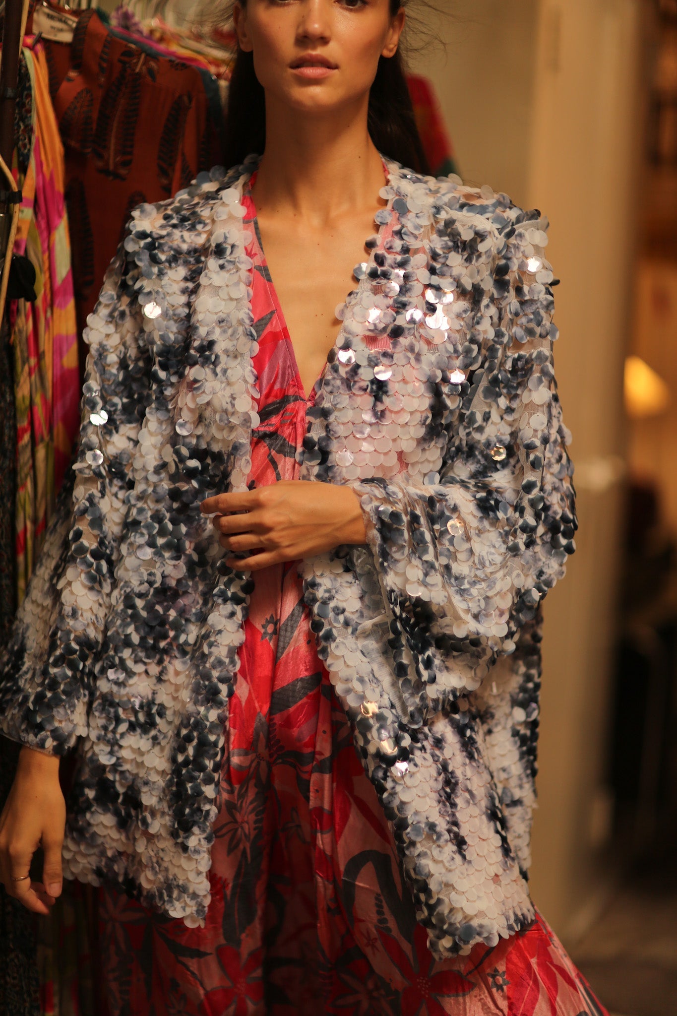 SEQUIN EMBROIDERED SHORT GLITTER KIMONO OLIVES - BANGKOK TAILOR CLOTHING STORE - HANDMADE CLOTHING